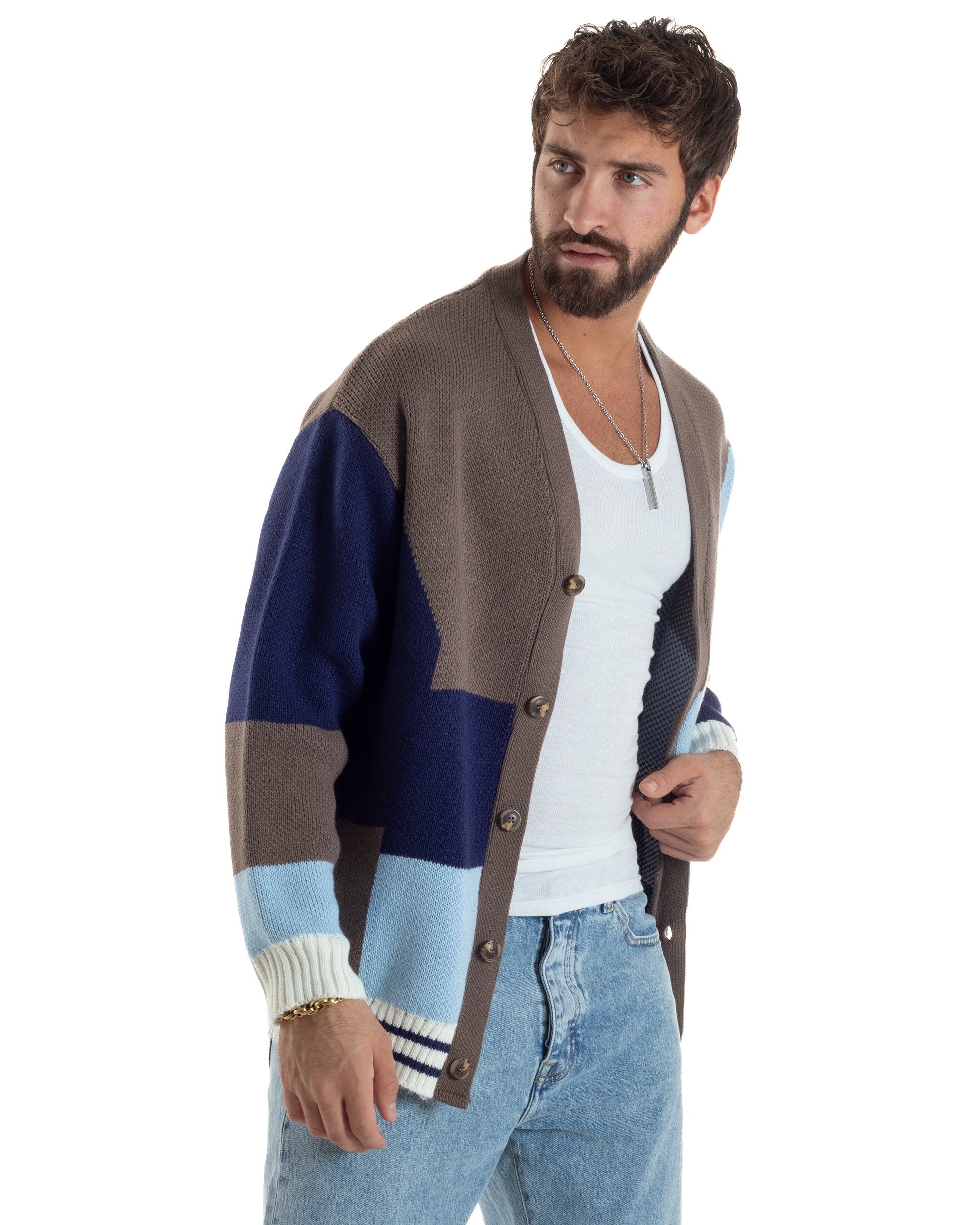 Cardigan Uomo Maniche Raglan Fantasia Multicolore BlackSunday Marrone M3060A