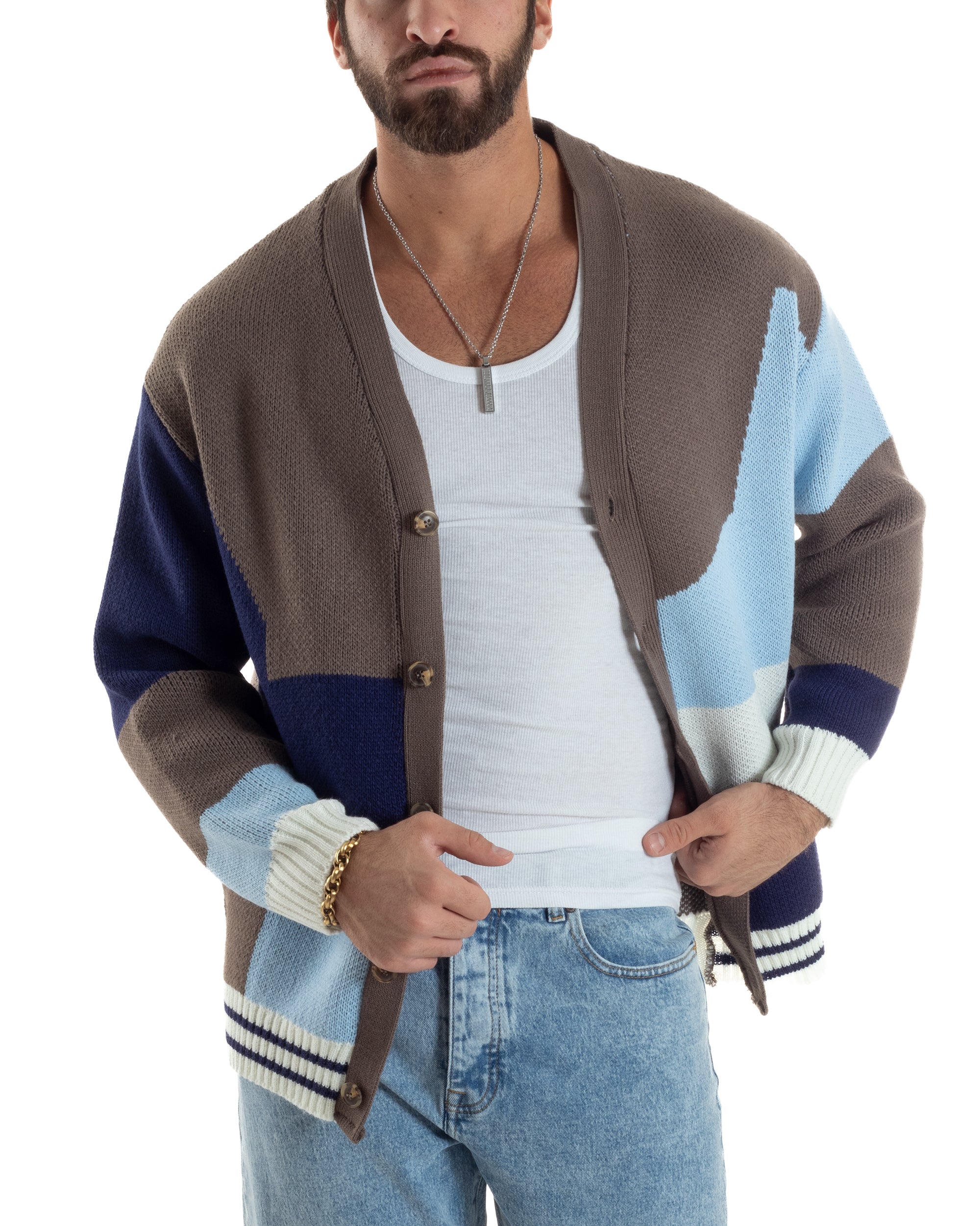 Cardigan Uomo Maniche Raglan Fantasia Multicolore BlackSunday Marrone M3060A