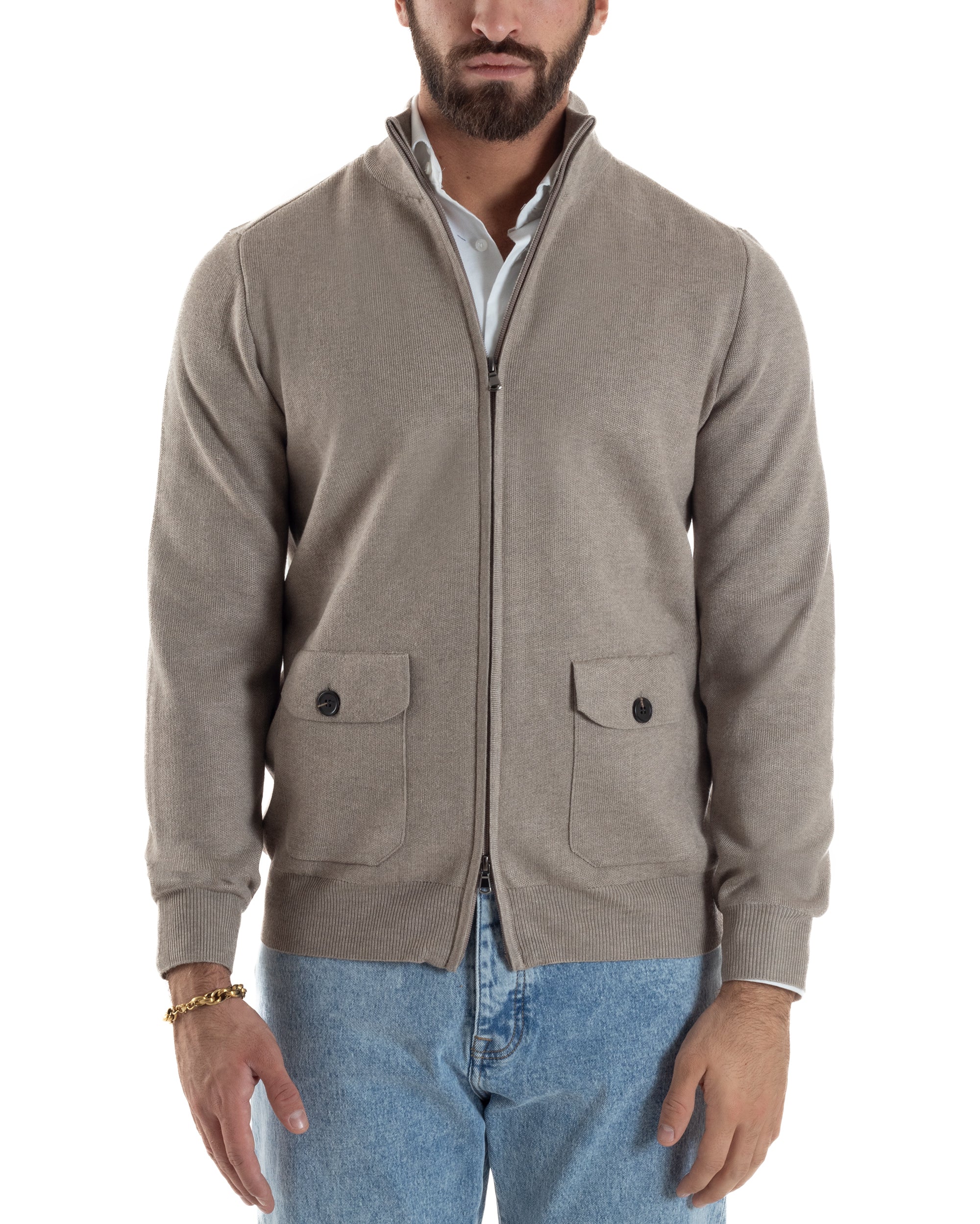 Cardigan Uomo Giacca Comoda Calda Maglioncino Con Collo Zip Beige M3062A