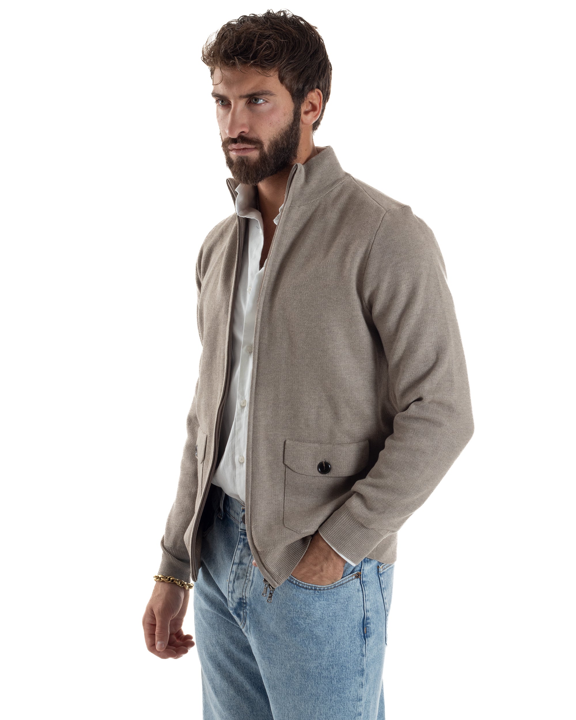 Cardigan Uomo Giacca Comoda Calda Maglioncino Con Collo Zip Beige M3062A