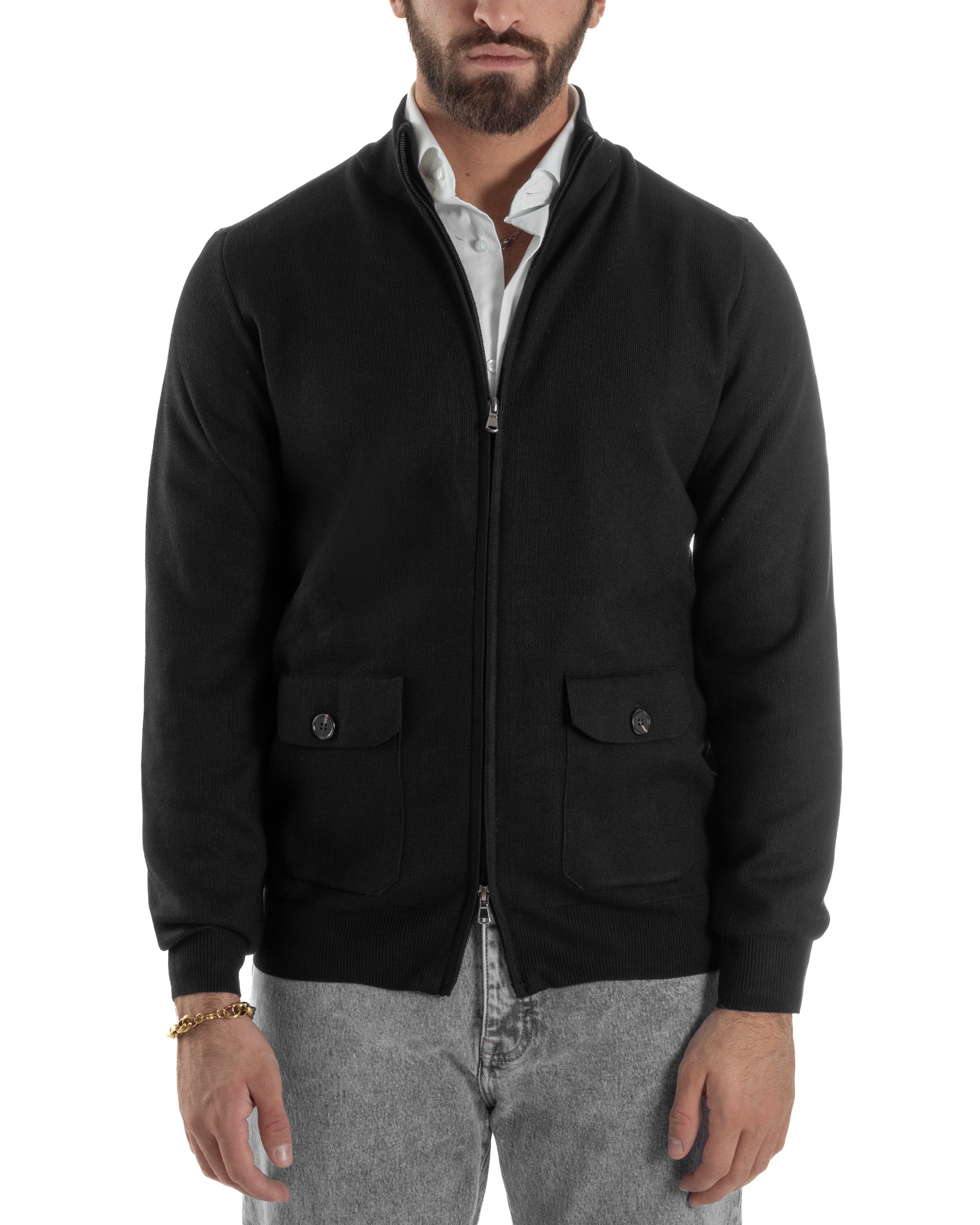 Cardigan Uomo Giacca Comoda Calda Maglioncino Con Collo Zip Nero M3063A