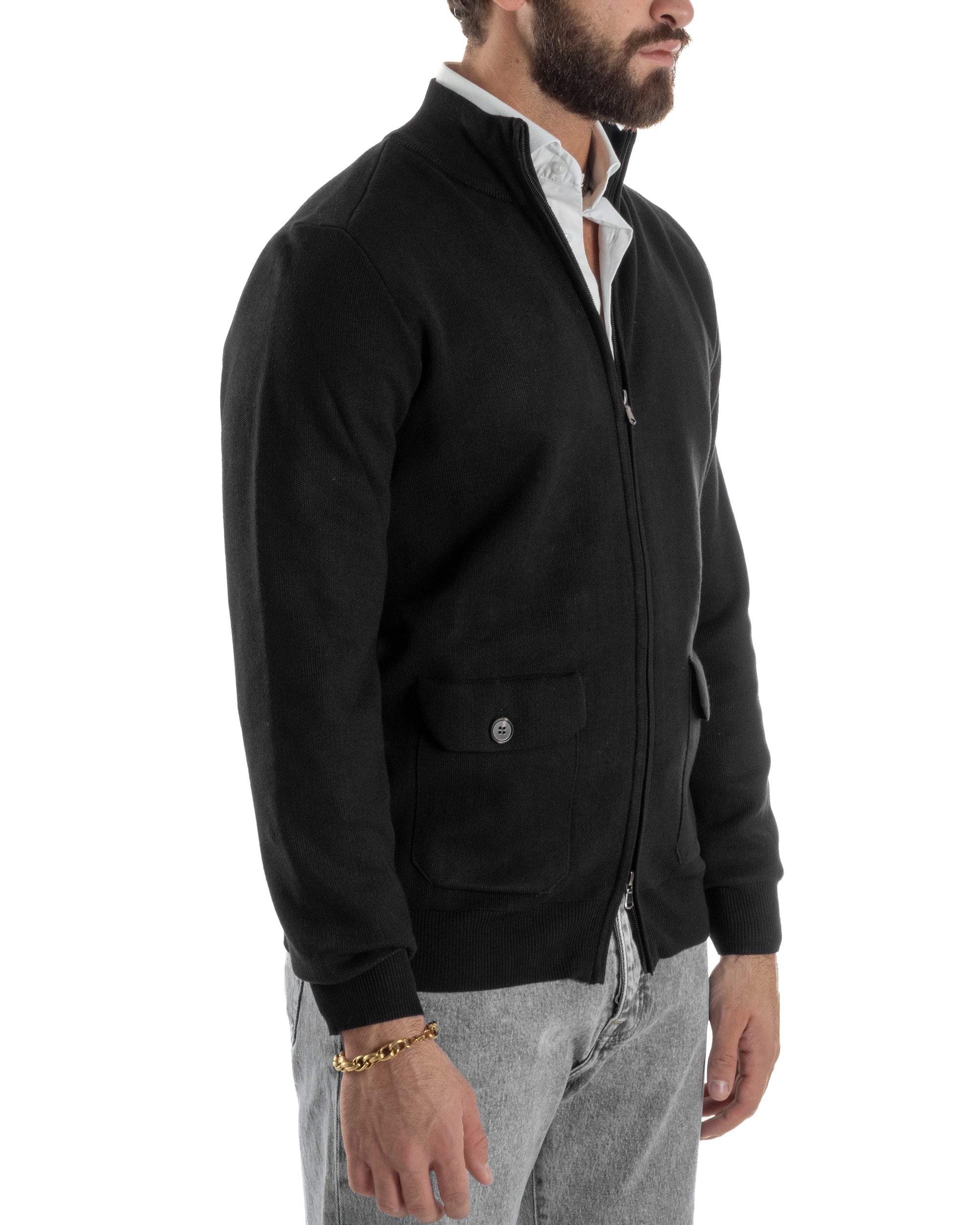 Cardigan Uomo Giacca Comoda Calda Maglioncino Con Collo Zip Nero M3063A