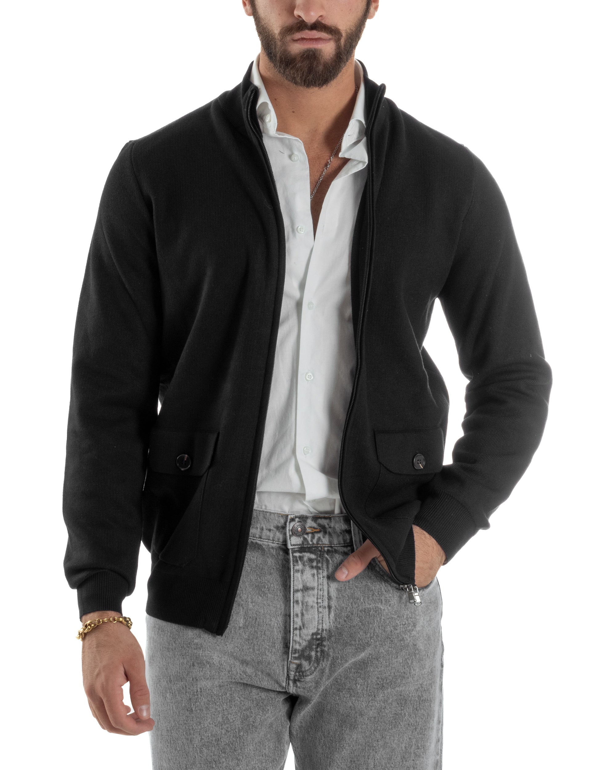 Cardigan Uomo Giacca Comoda Calda Maglioncino Con Collo Zip Nero M3063A