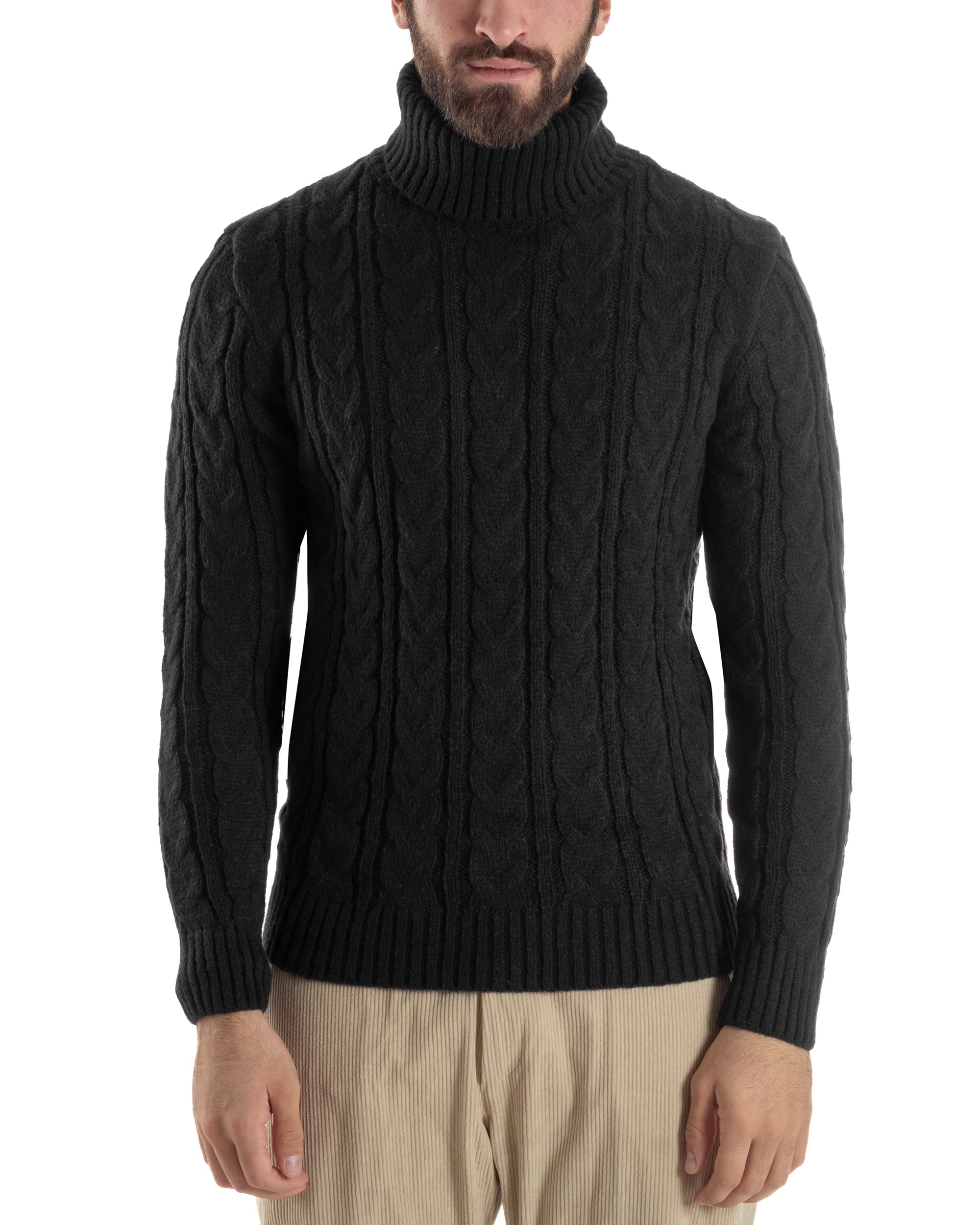 Maglione Uomo Collo Alto Con Trecce Maglia Dolcevita Intrecciata Nero M3065A