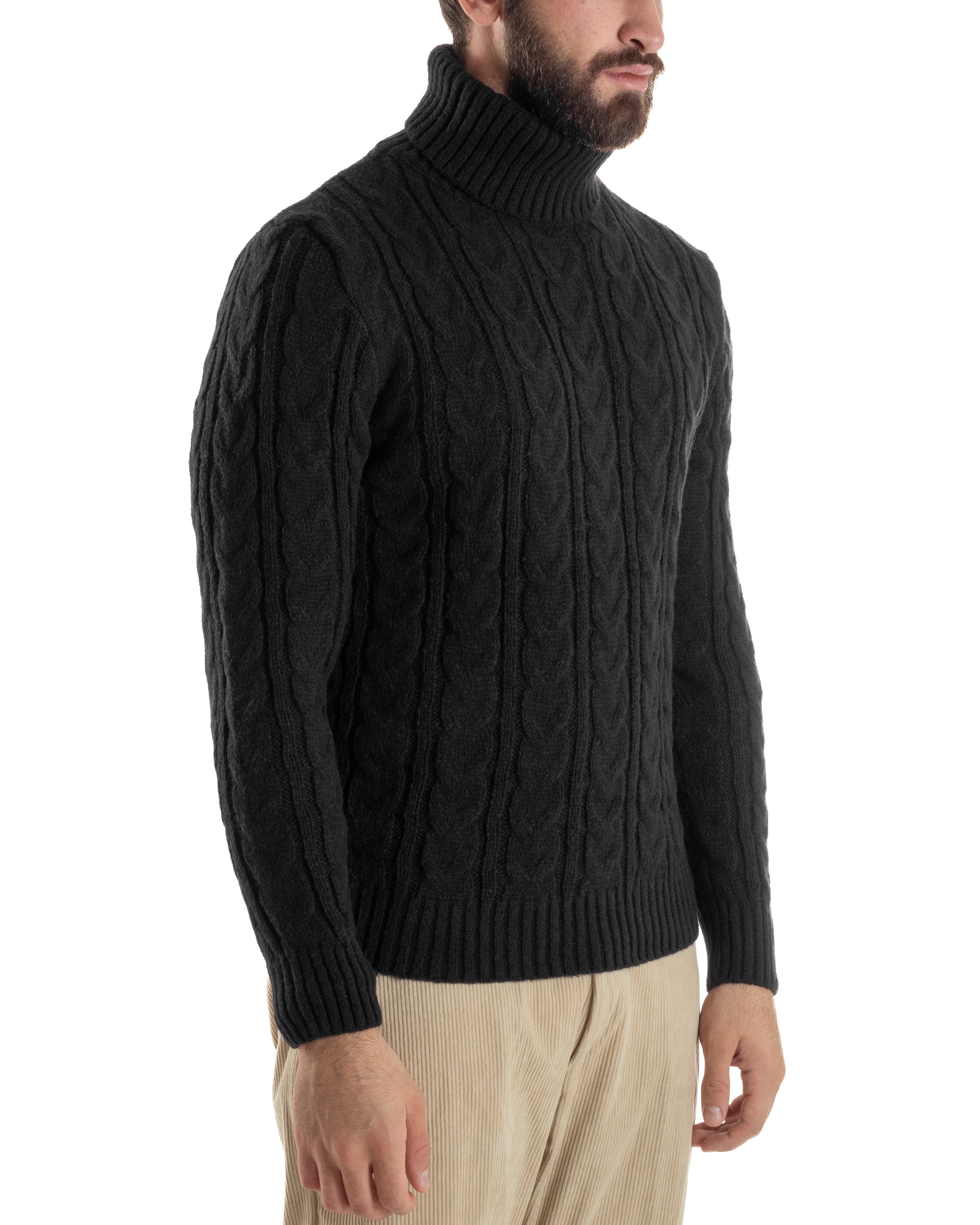 Maglione Uomo Collo Alto Con Trecce Maglia Dolcevita Intrecciata Nero M3065A