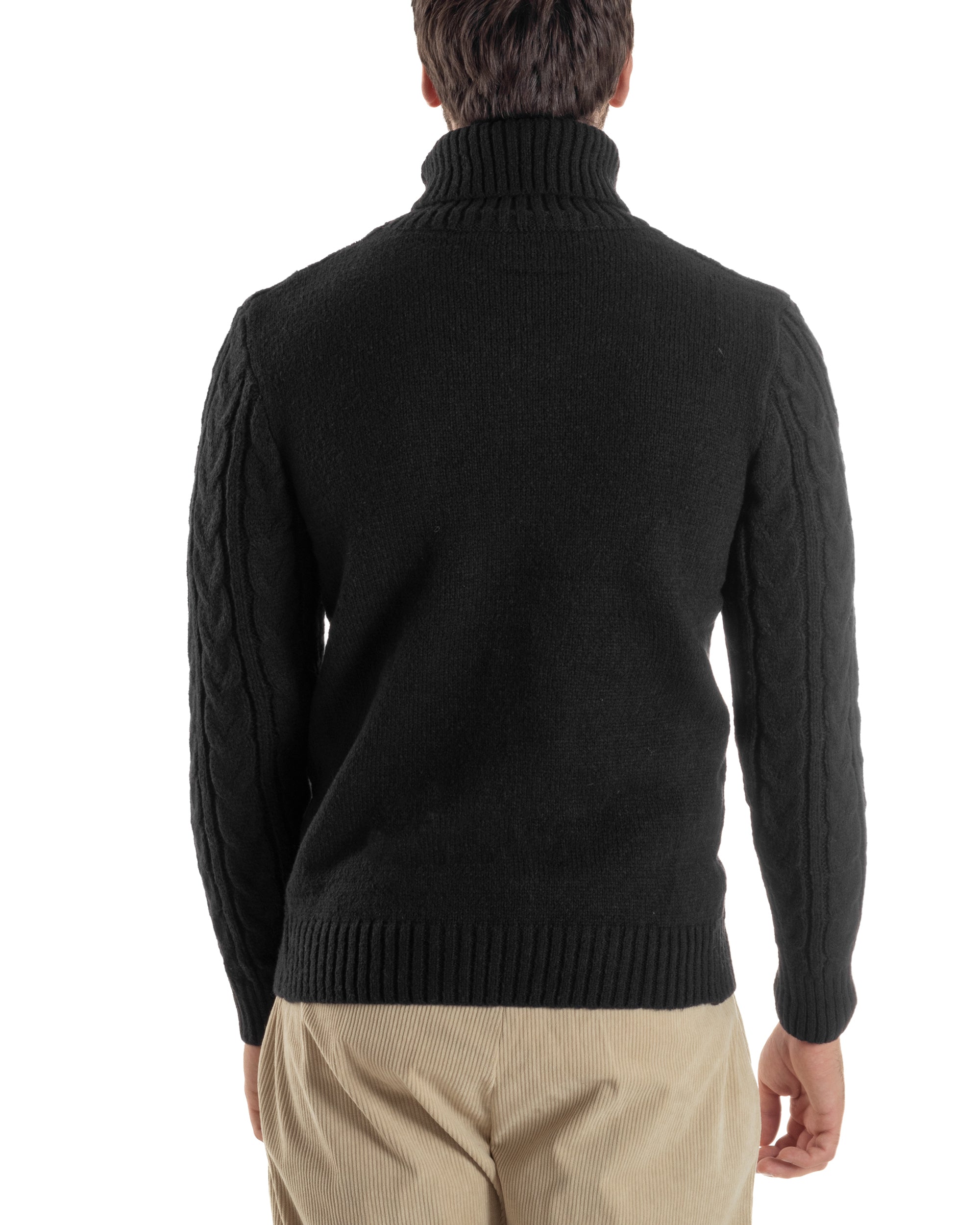 Maglione Uomo Collo Alto Con Trecce Maglia Dolcevita Intrecciata Nero M3065A