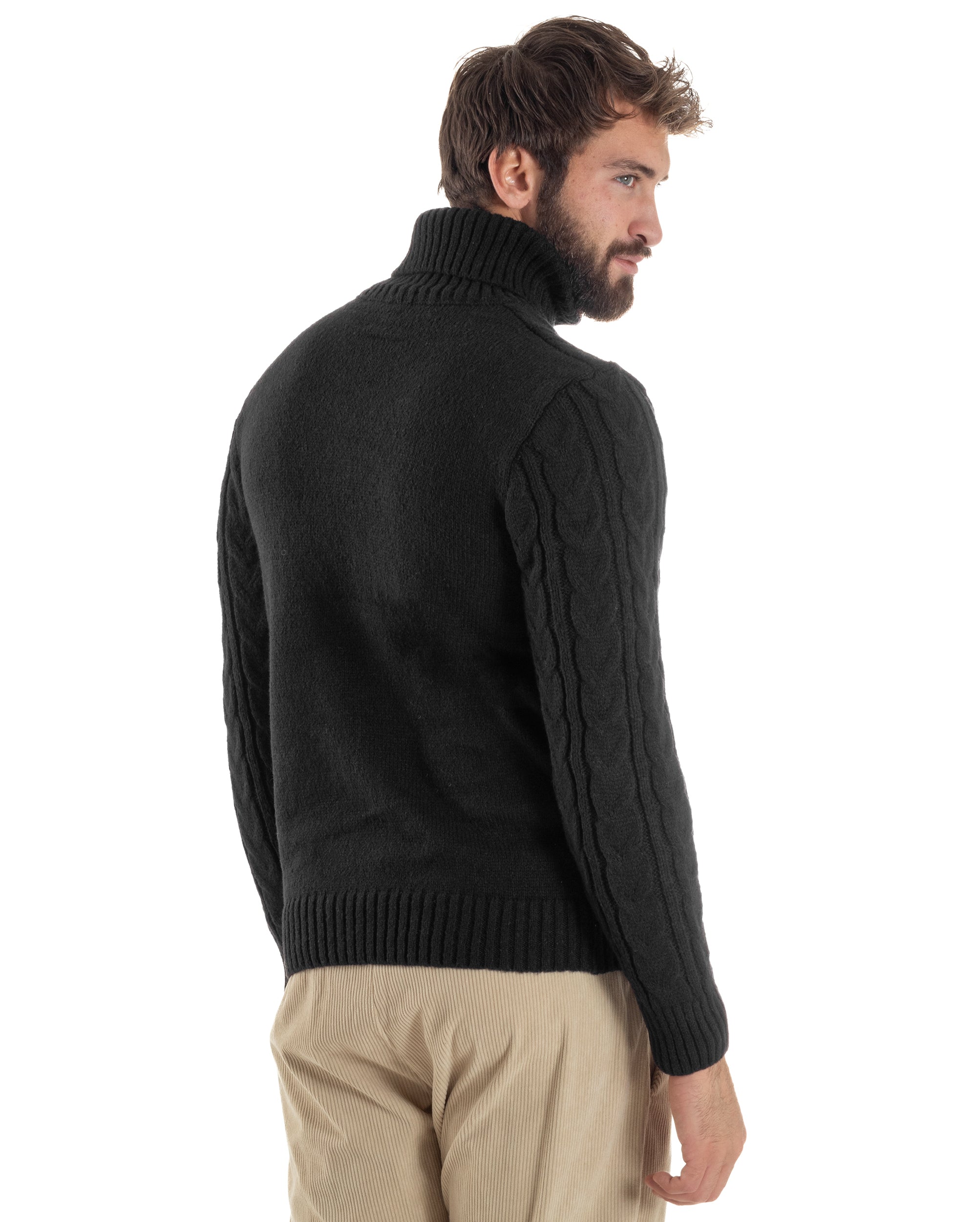 Maglione Uomo Collo Alto Con Trecce Maglia Dolcevita Intrecciata Nero M3065A