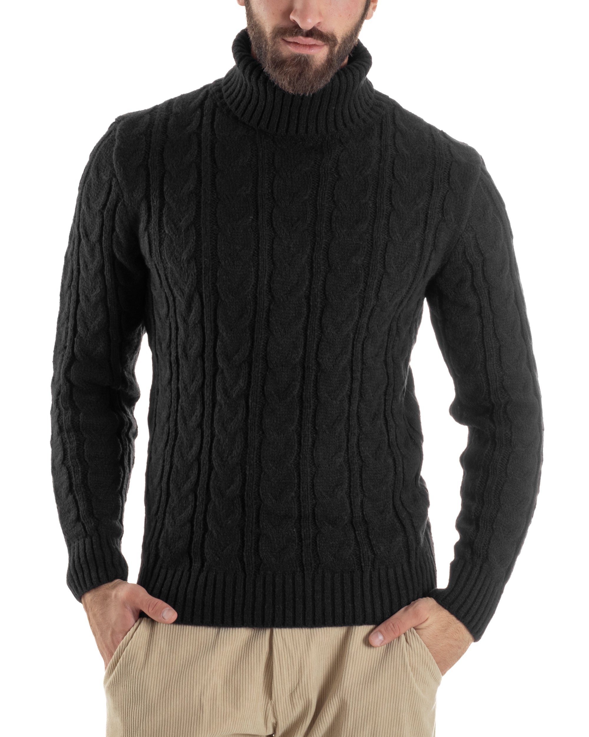 Maglione Uomo Collo Alto Con Trecce Maglia Dolcevita Intrecciata Nero M3065A