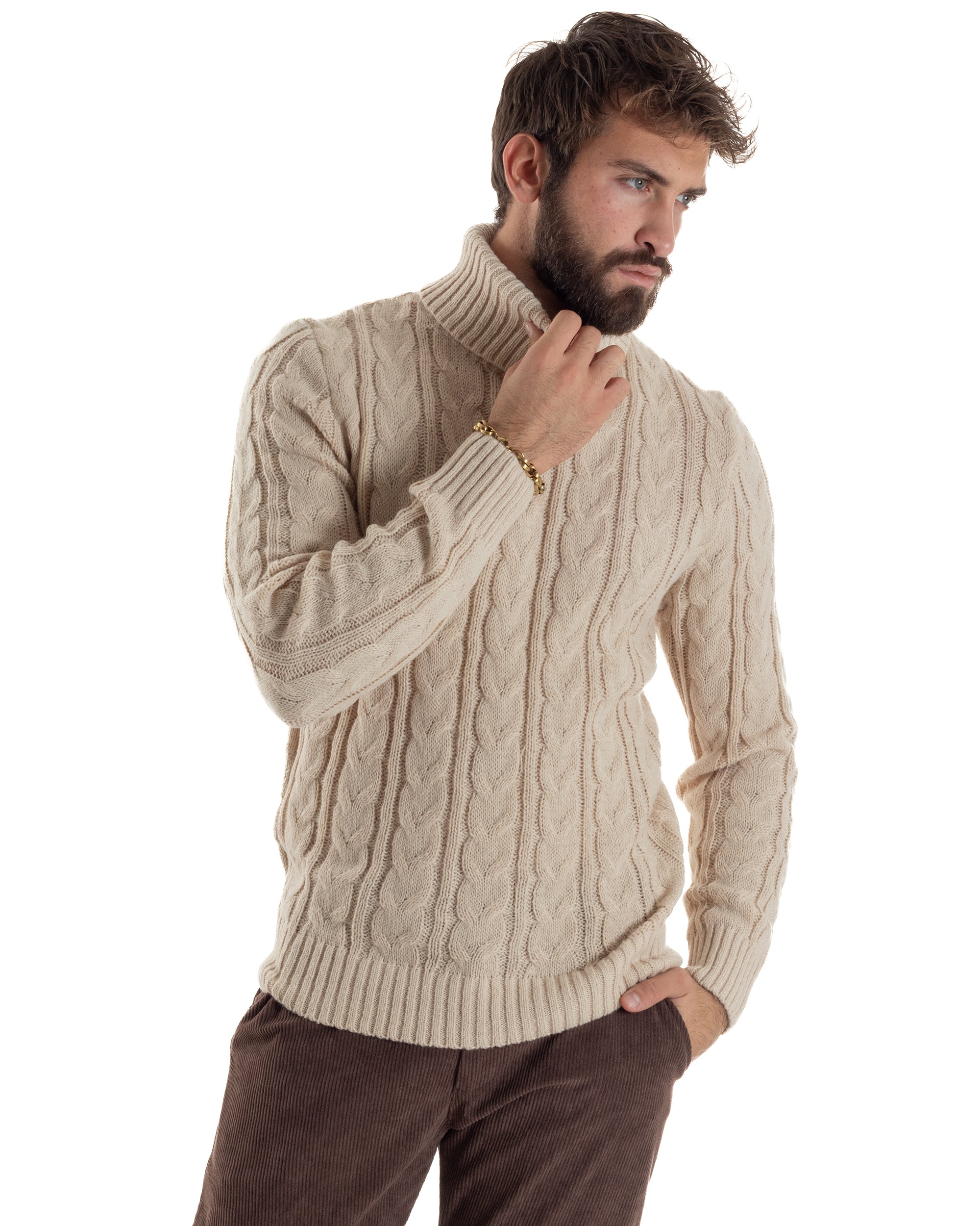 Maglione Uomo Collo Alto Con Trecce Maglia Dolcevita Intrecciata Beige M3066A