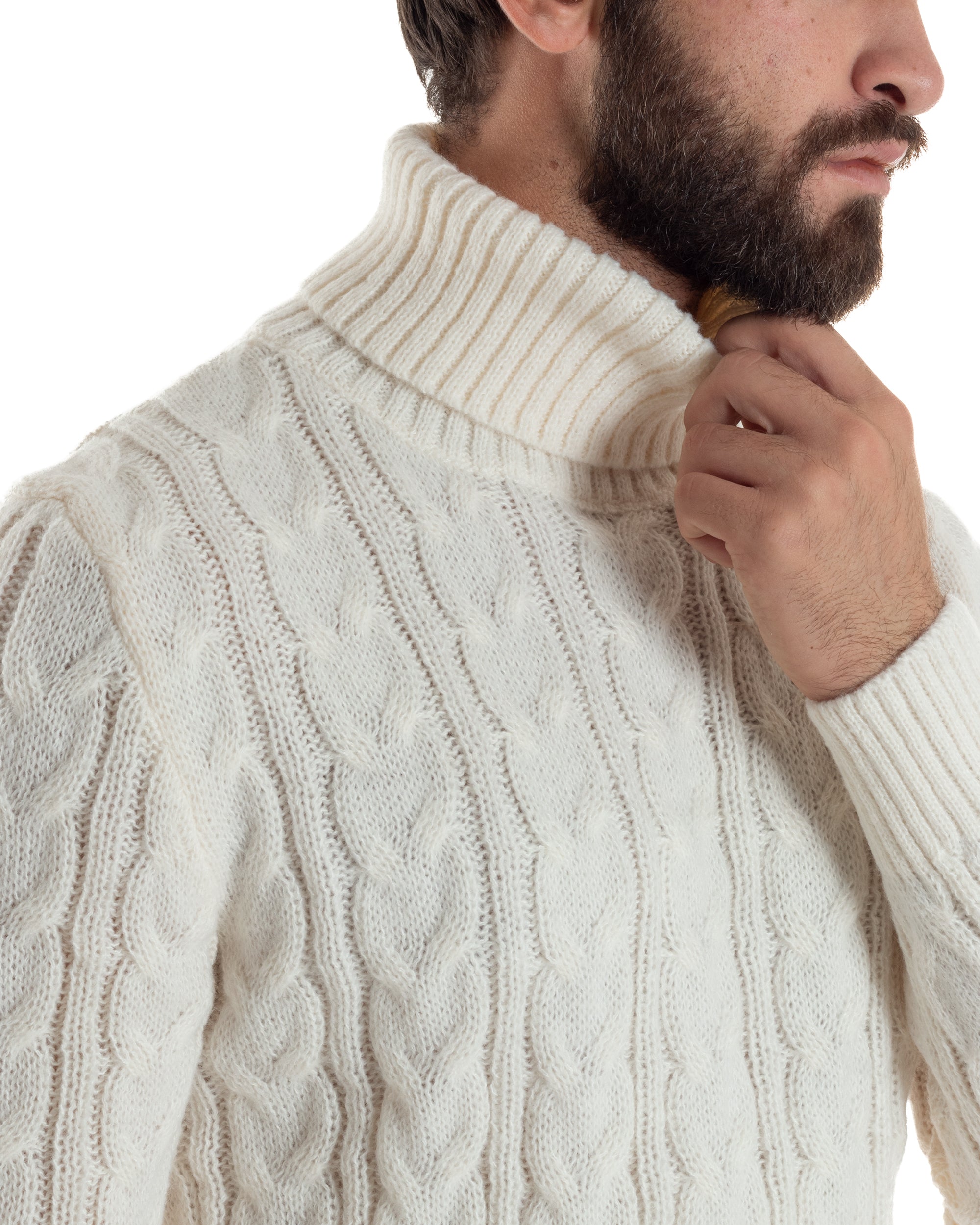 Maglione Uomo Collo Alto Con Trecce Maglia Dolcevita Intrecciata Panna M3067A