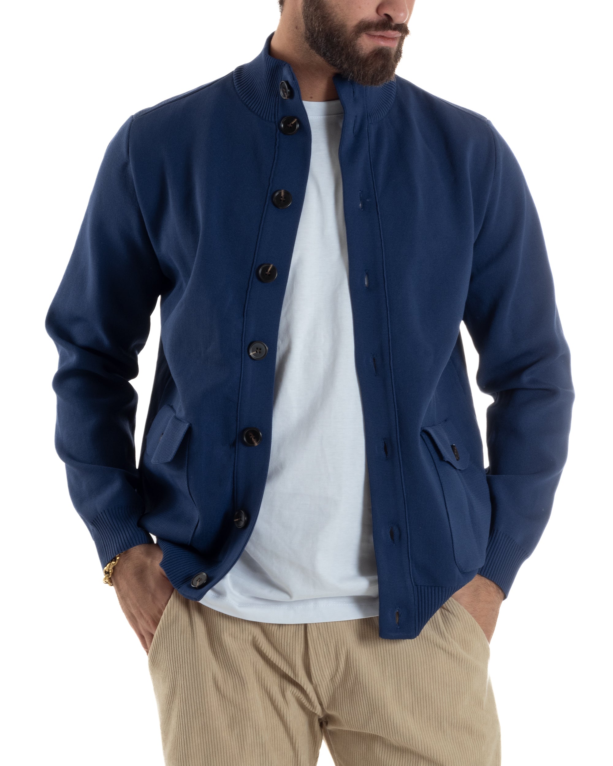 Cardigan Uomo Maglia Con Collo Bottoni Giacca Blu Over-D OE1F2W5M91