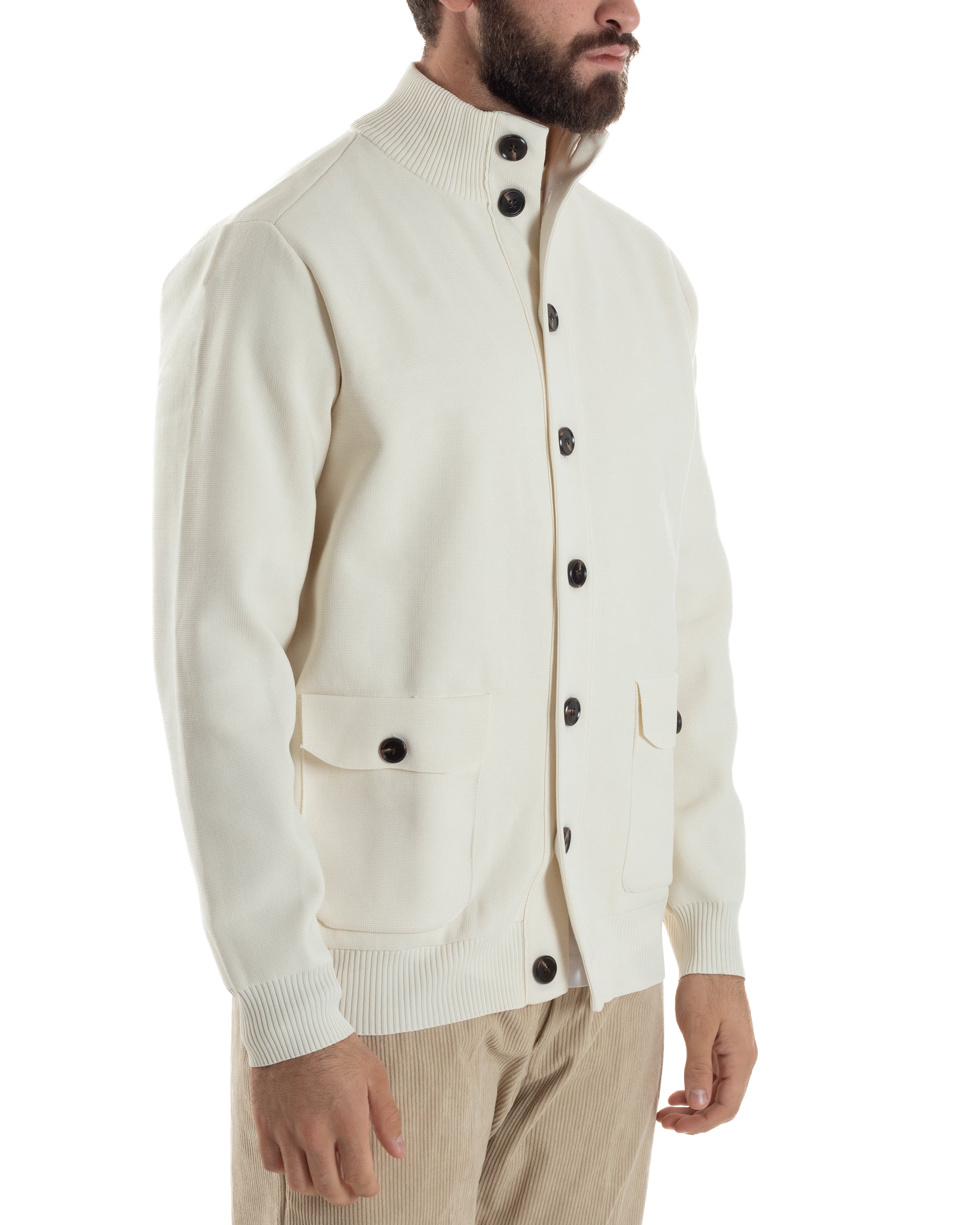 Cardigan Uomo Maglia Con Collo Bottoni Giacca Panna Over-D OE1F2W5M91