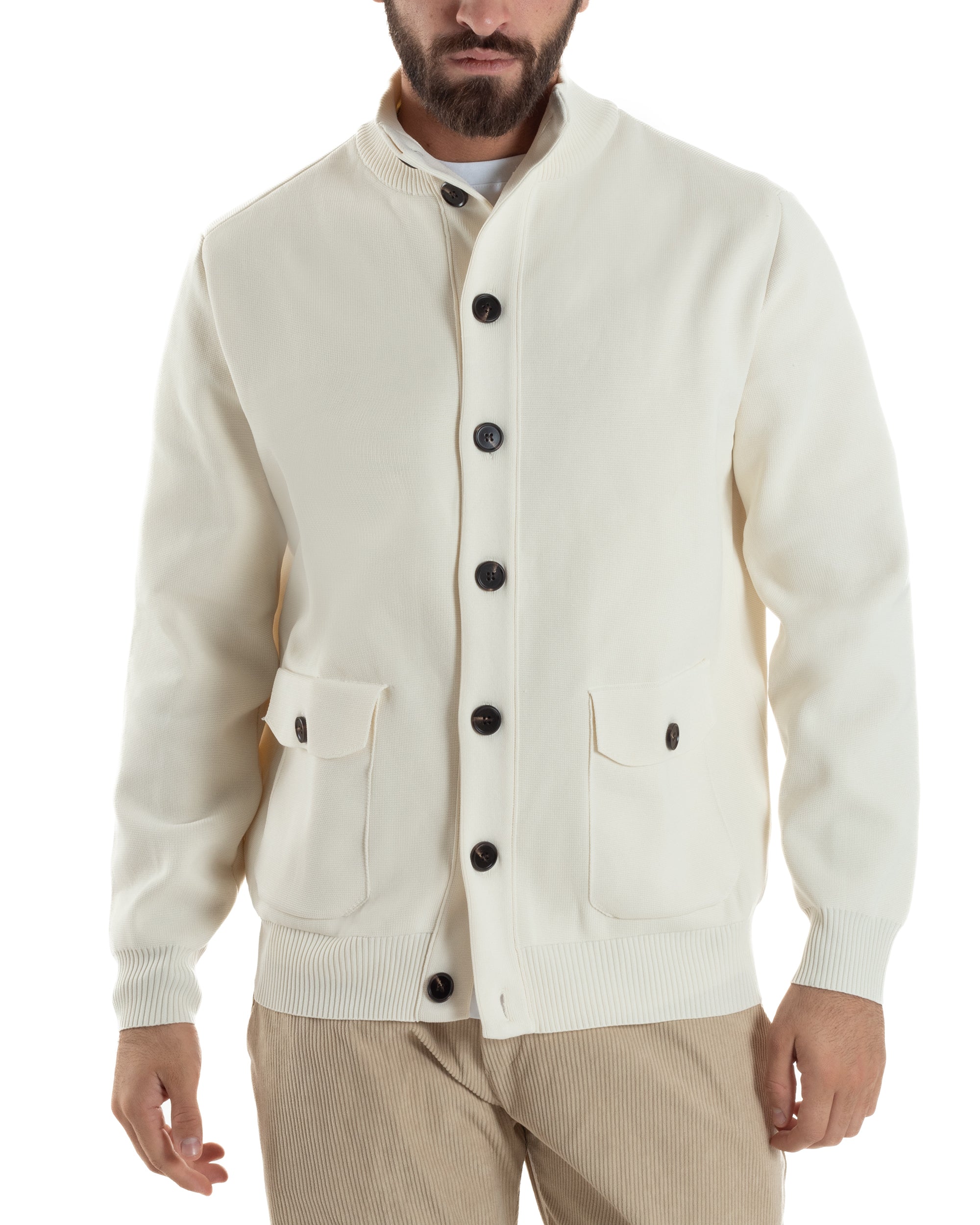 Cardigan Uomo Maglia Con Collo Bottoni Giacca Panna Over-D OE1F2W5M91