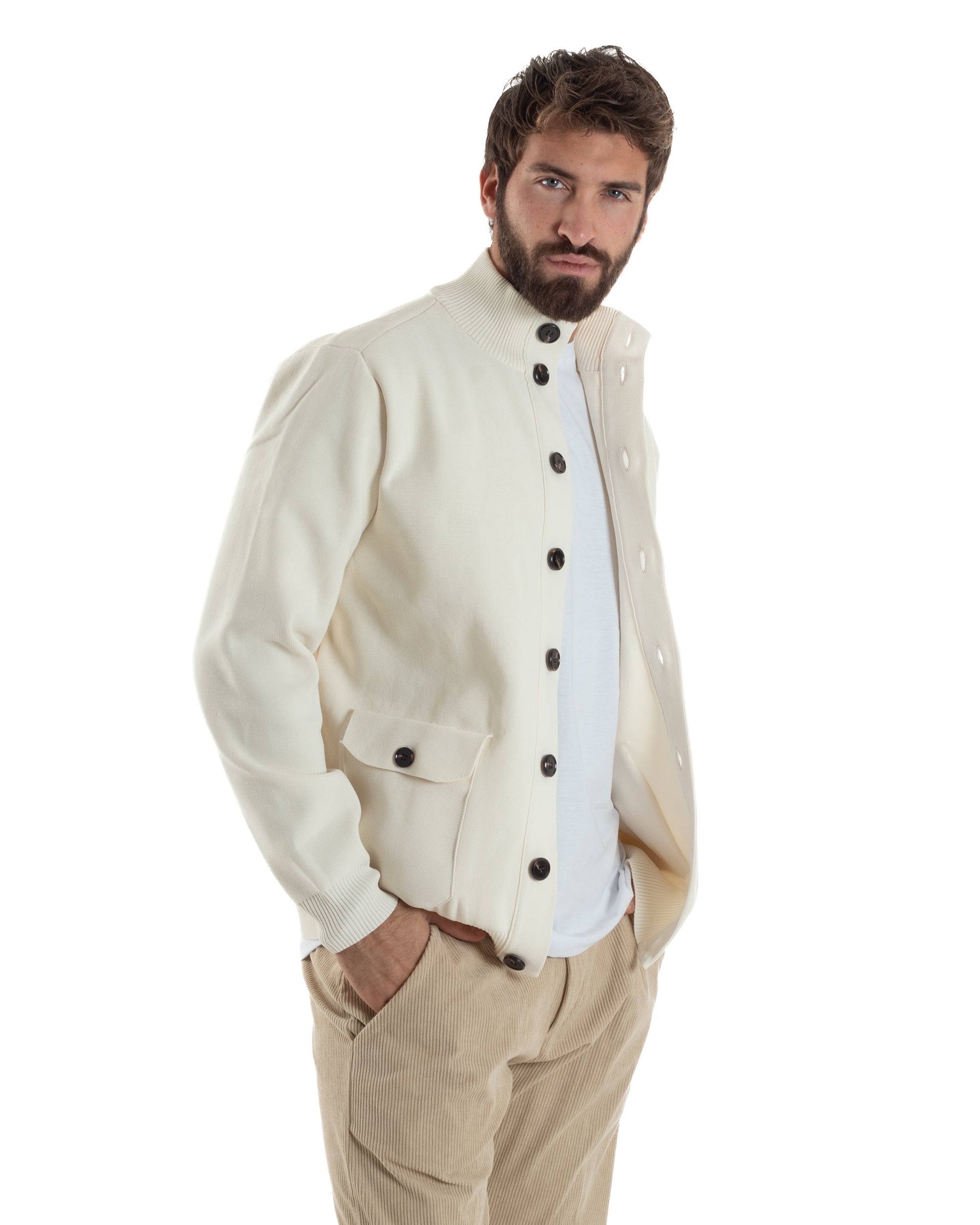 Cardigan Uomo Maglia Con Collo Bottoni Giacca Panna Over-D OE1F2W5M91