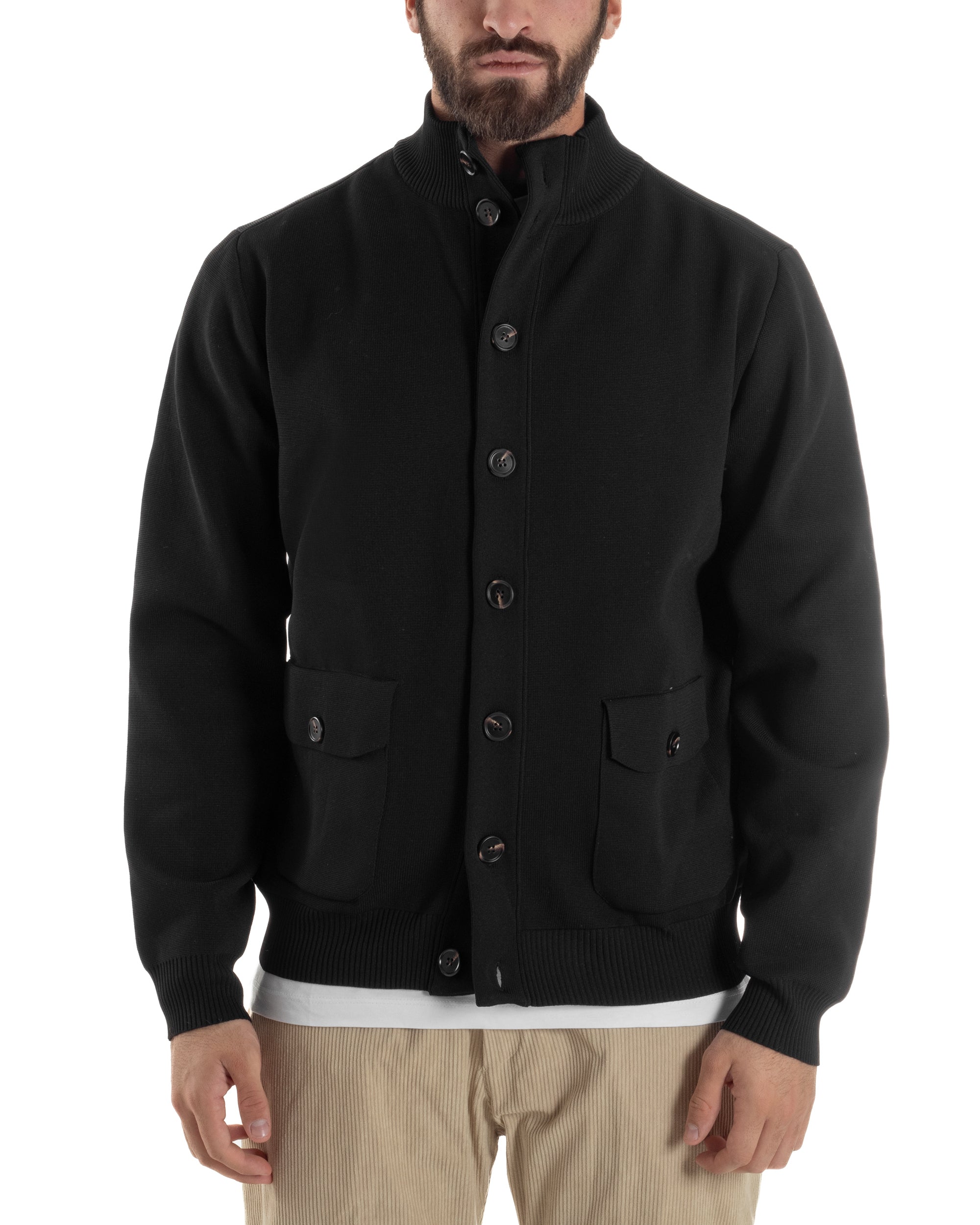 Cardigan Uomo Maglia Con Collo Bottoni Giacca Nero Over-D OE1F2W5M91