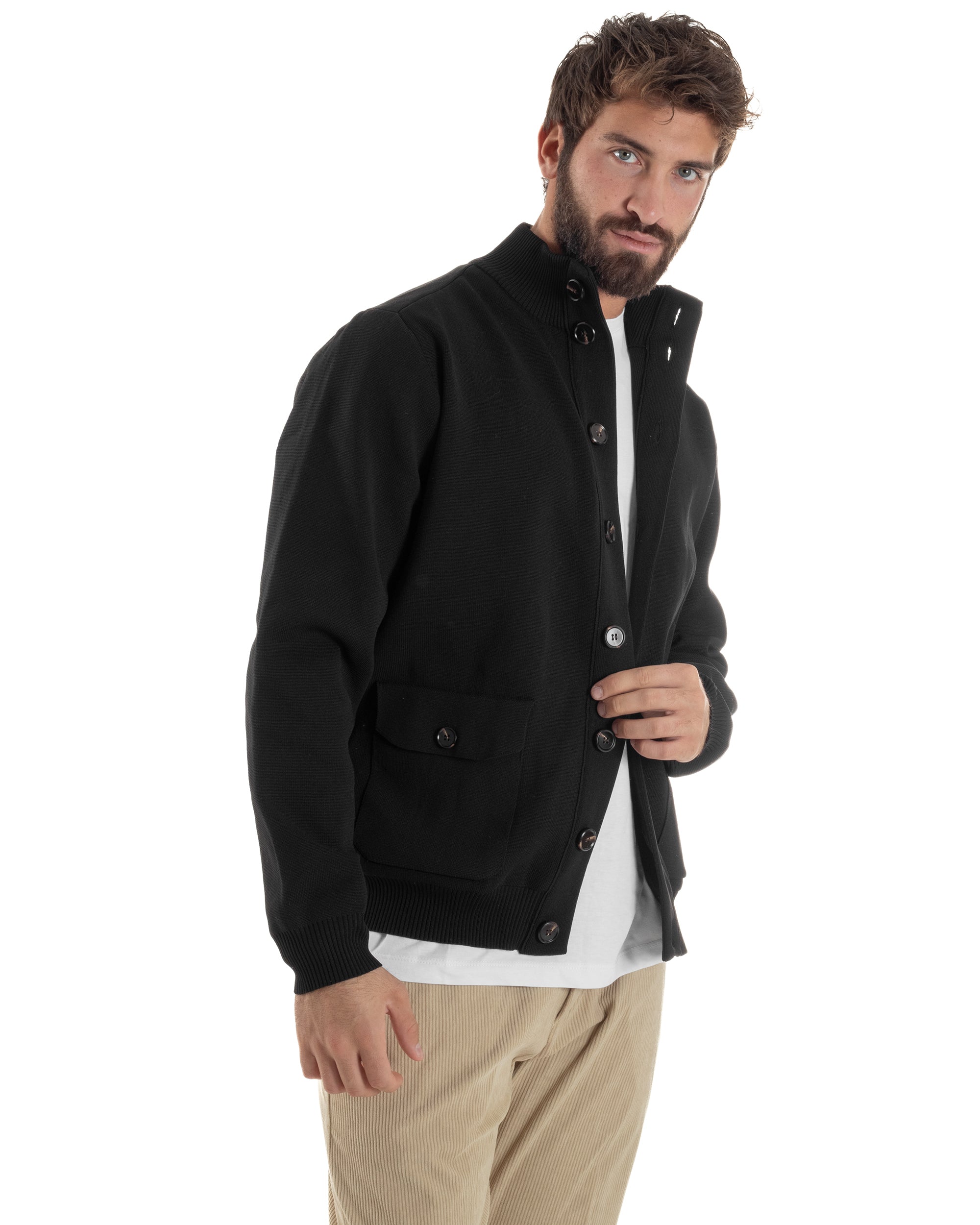 Cardigan Uomo Maglia Con Collo Bottoni Giacca Nero Over-D OE1F2W5M91