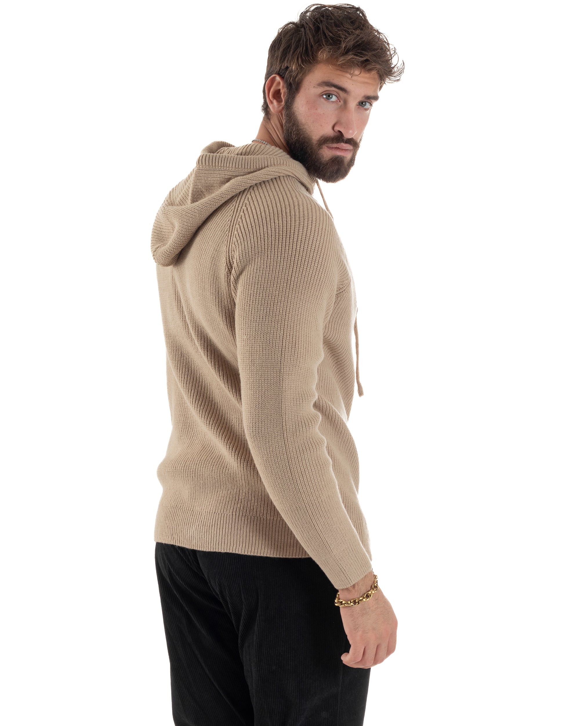 Cardigan Uomo Giacca Maniche Raglan Maglia Con Cappuccio Zip Beige M3071A