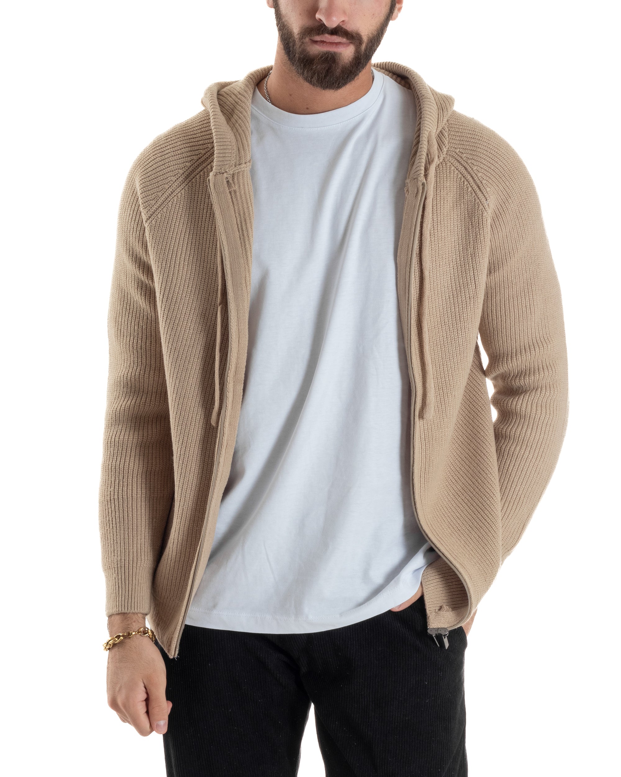 Cardigan Uomo Giacca Maniche Raglan Maglia Con Cappuccio Zip Beige M3071A