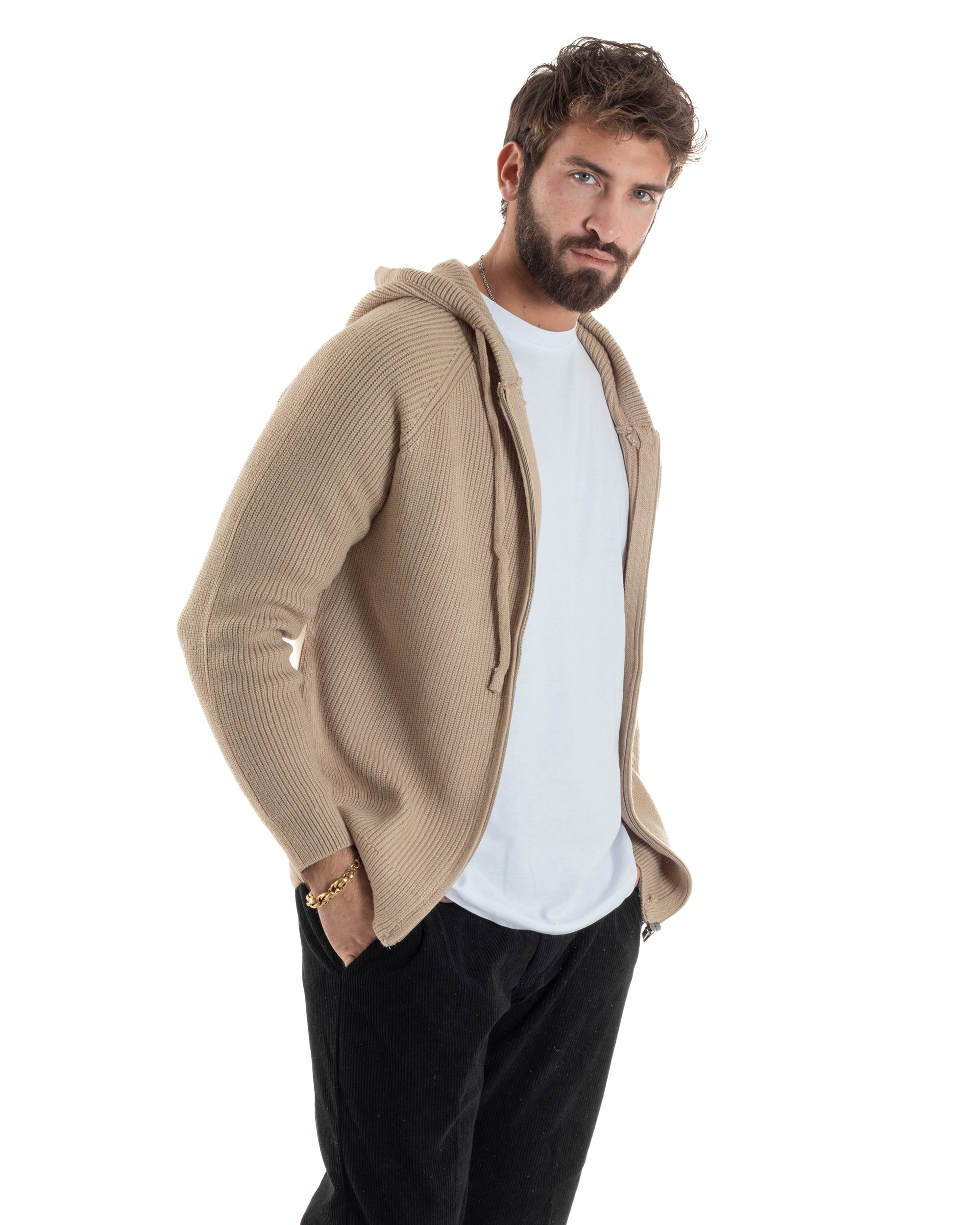 Cardigan Uomo Giacca Maniche Raglan Maglia Con Cappuccio Zip Beige M3071A