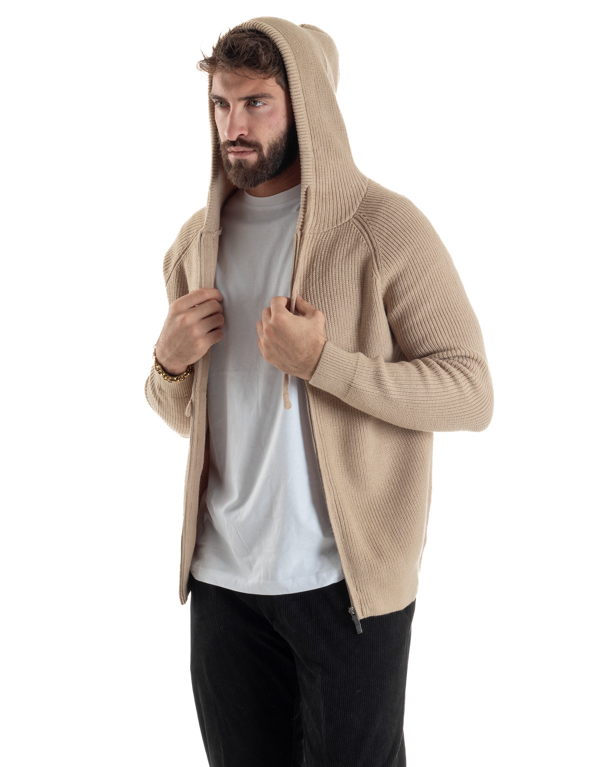 Cardigan Uomo Giacca Maniche Raglan Maglia Con Cappuccio Zip Beige M3071A