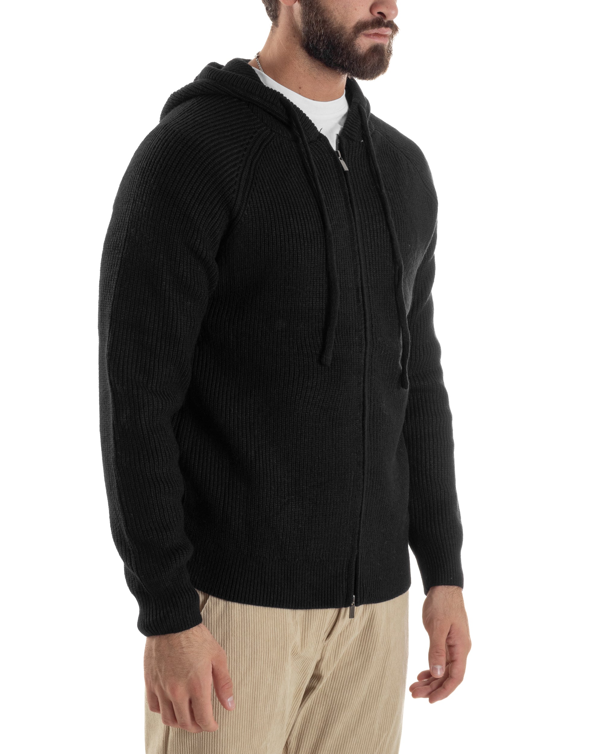 Cardigan Uomo Giacca Maniche Raglan Maglia Con Cappuccio Zip Nero M3072A
