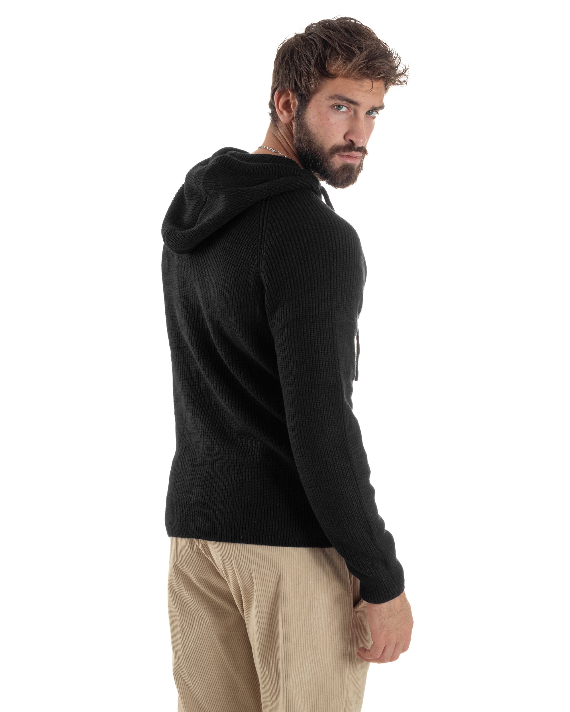 Cardigan Uomo Giacca Maniche Raglan Maglia Con Cappuccio Zip Nero M3072A