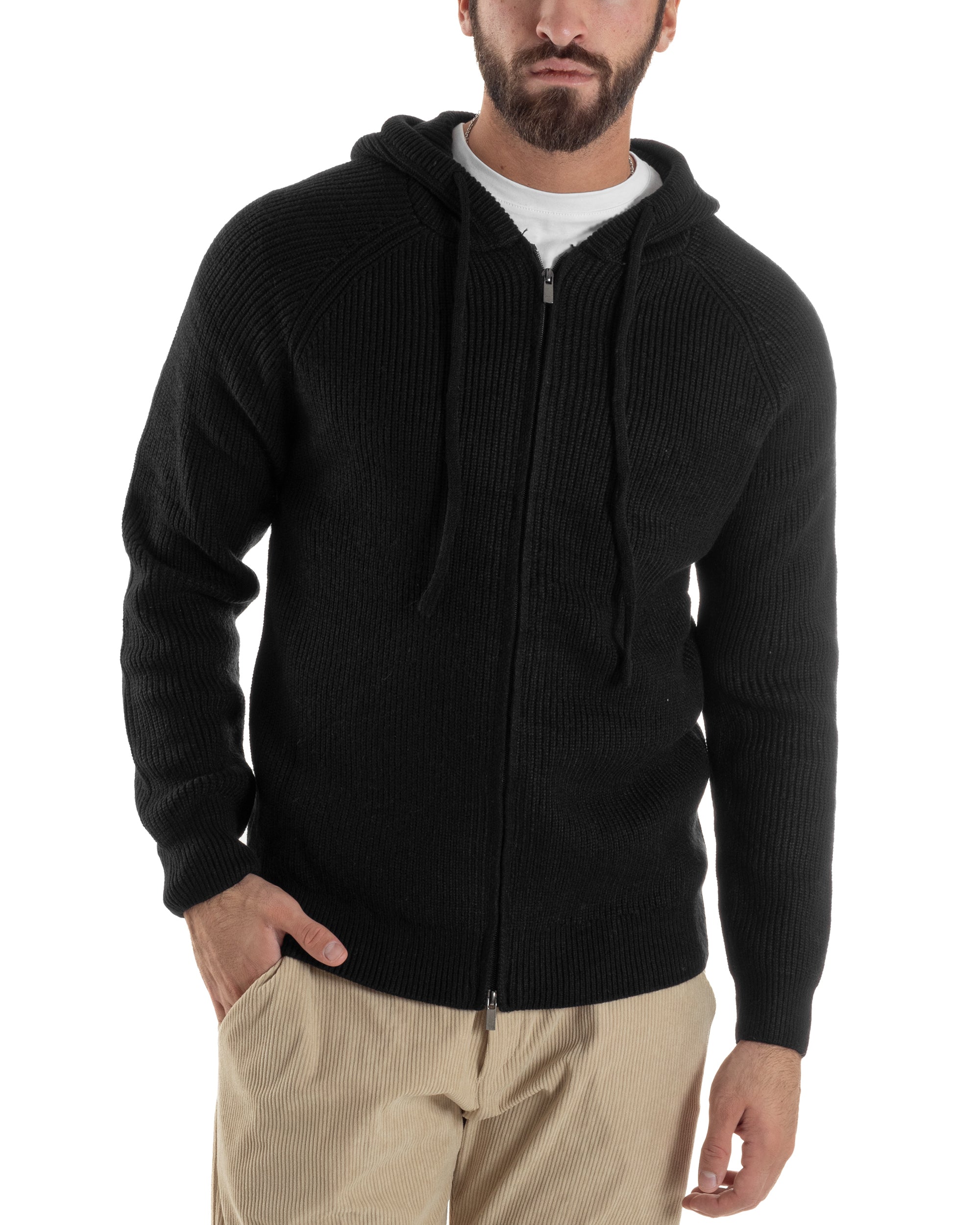 Cardigan Uomo Giacca Maniche Raglan Maglia Con Cappuccio Zip Nero M3072A