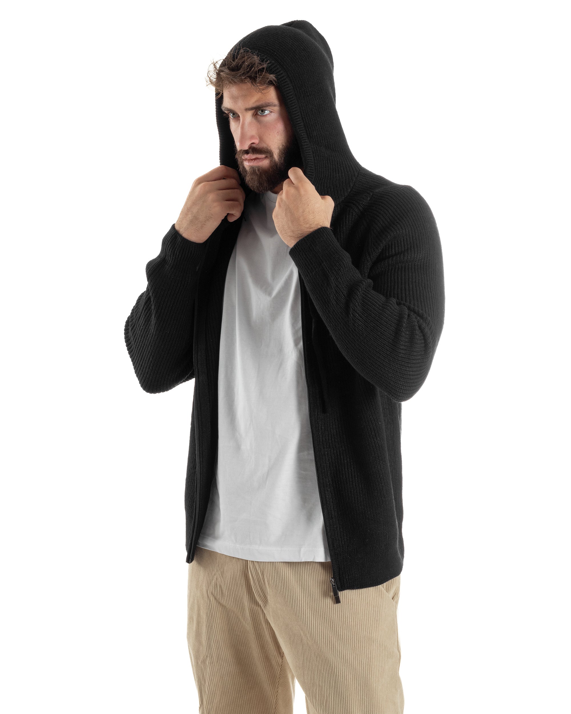 Cardigan Uomo Giacca Maniche Raglan Maglia Con Cappuccio Zip Nero M3072A