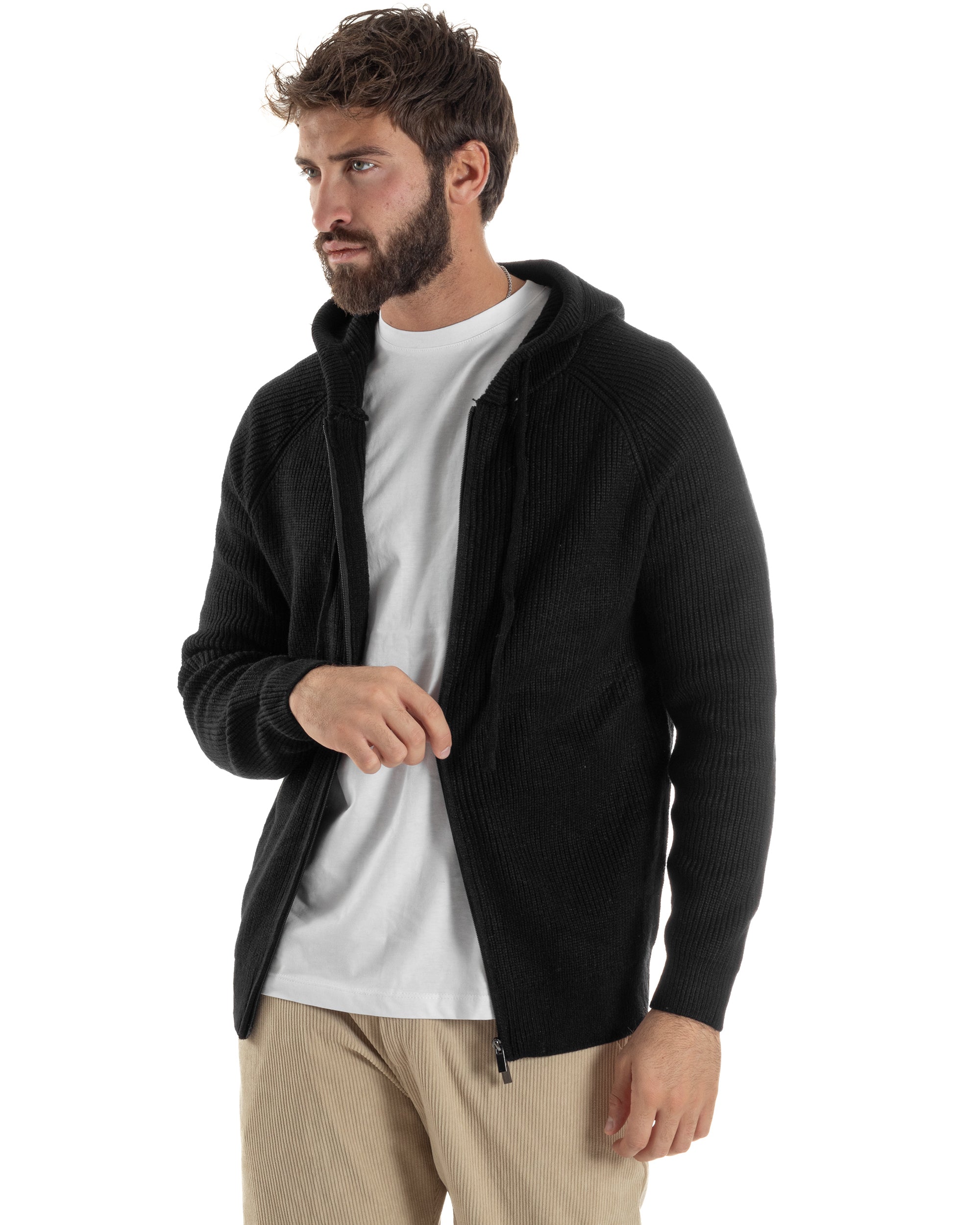 Cardigan Uomo Giacca Maniche Raglan Maglia Con Cappuccio Zip Nero M3072A