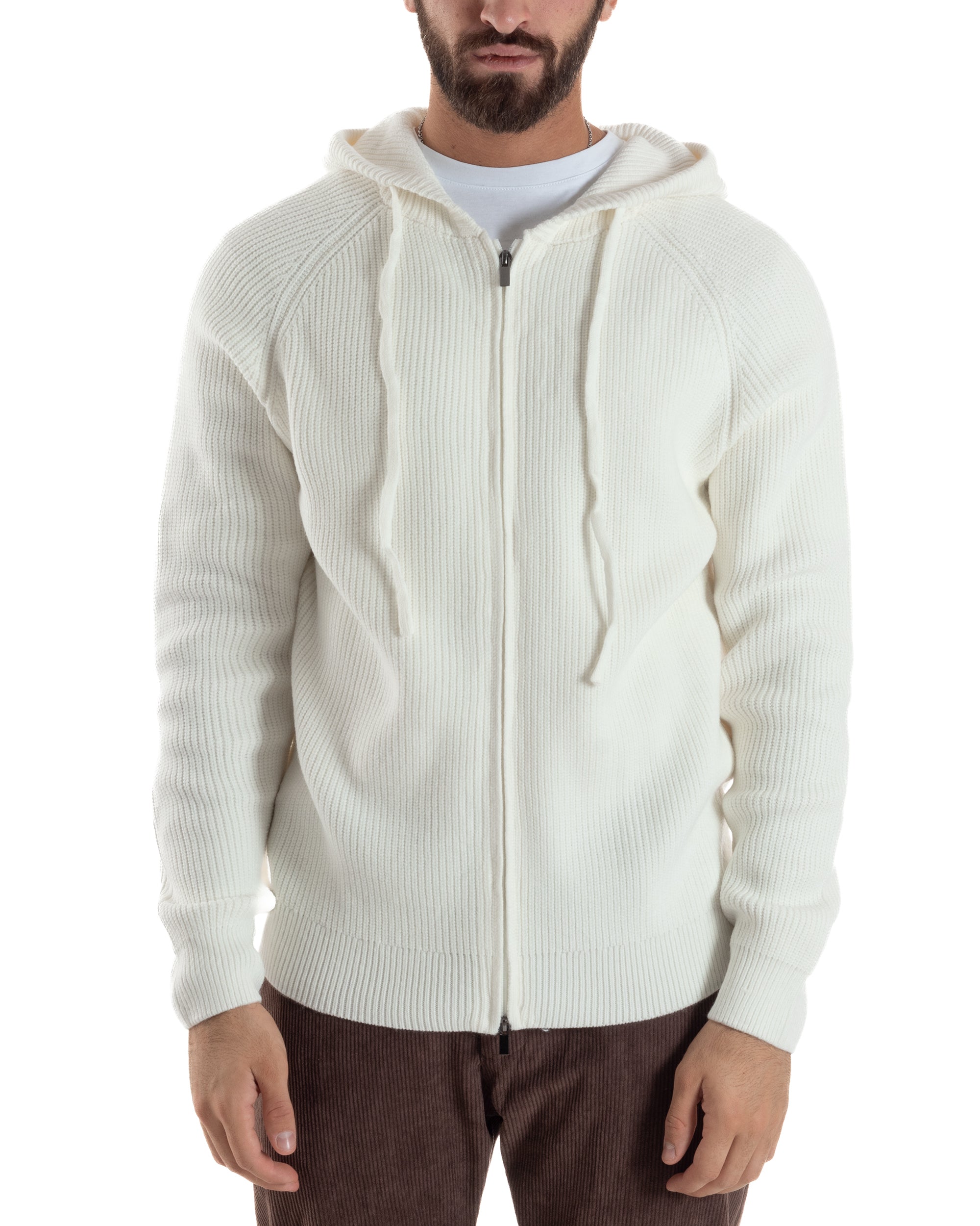 Cardigan Uomo Giacca Maniche Raglan Maglia Con Cappuccio Zip Panna M3073A