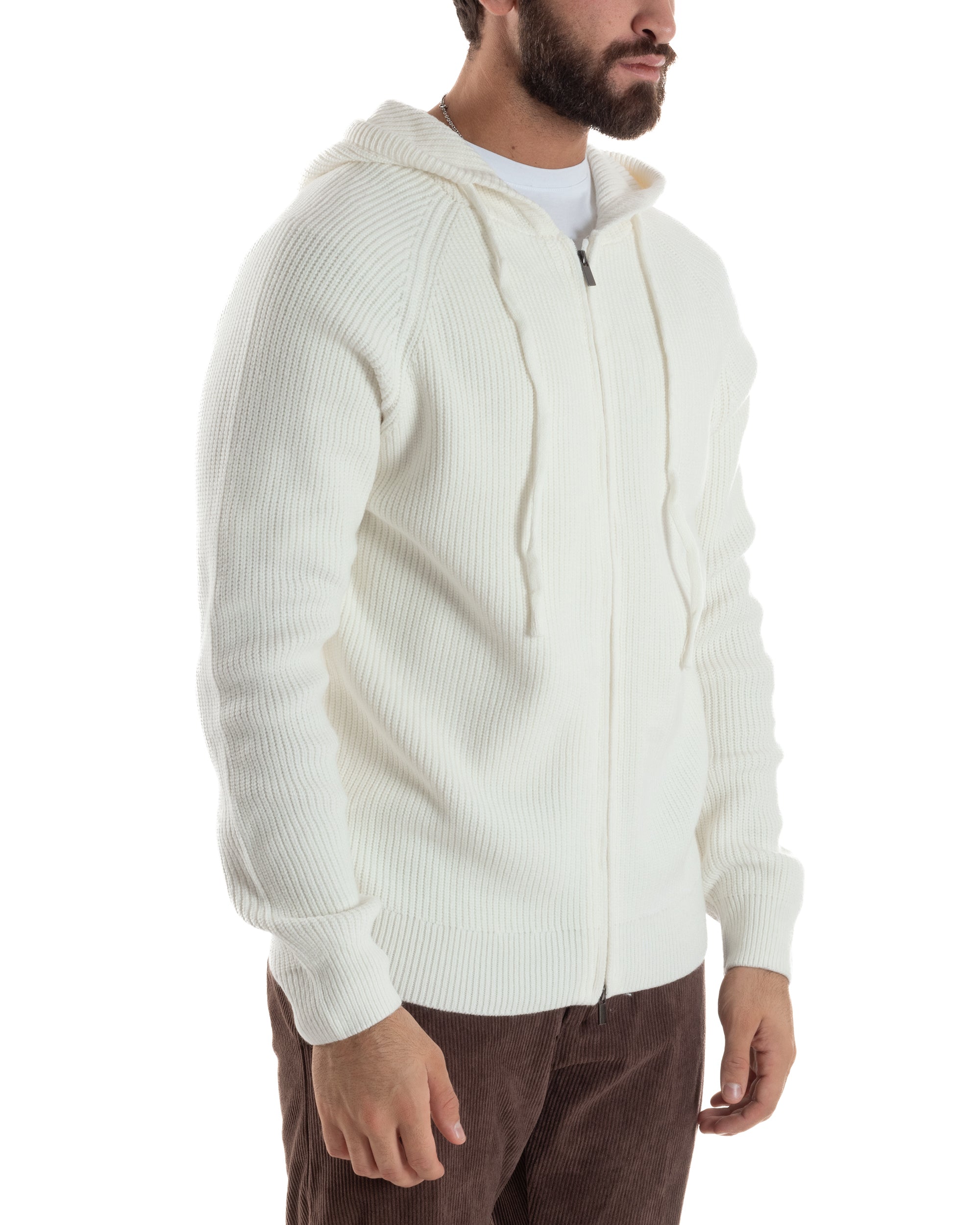 Cardigan Uomo Giacca Maniche Raglan Maglia Con Cappuccio Zip Panna M3073A