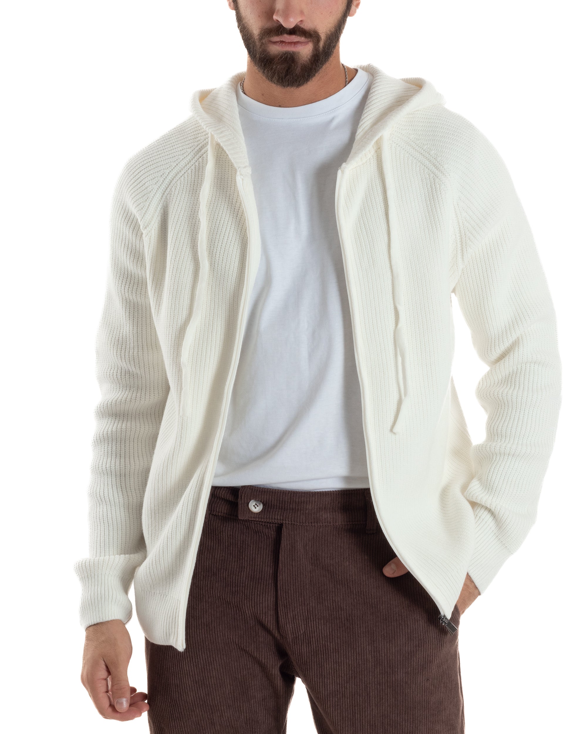 Cardigan Uomo Giacca Maniche Raglan Maglia Con Cappuccio Zip Panna M3073A