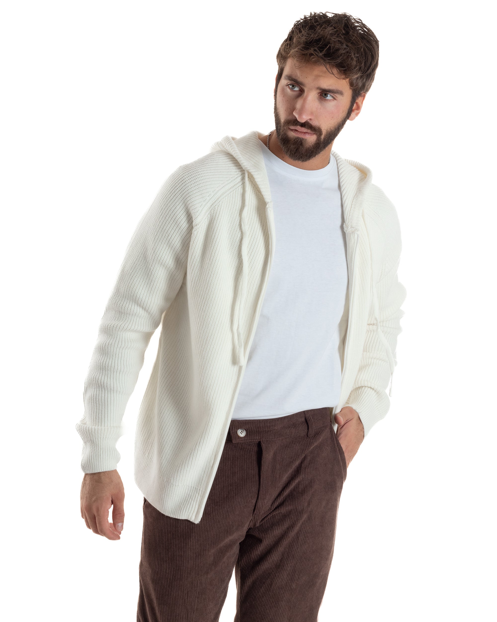 Cardigan Uomo Giacca Maniche Raglan Maglia Con Cappuccio Zip Panna M3073A