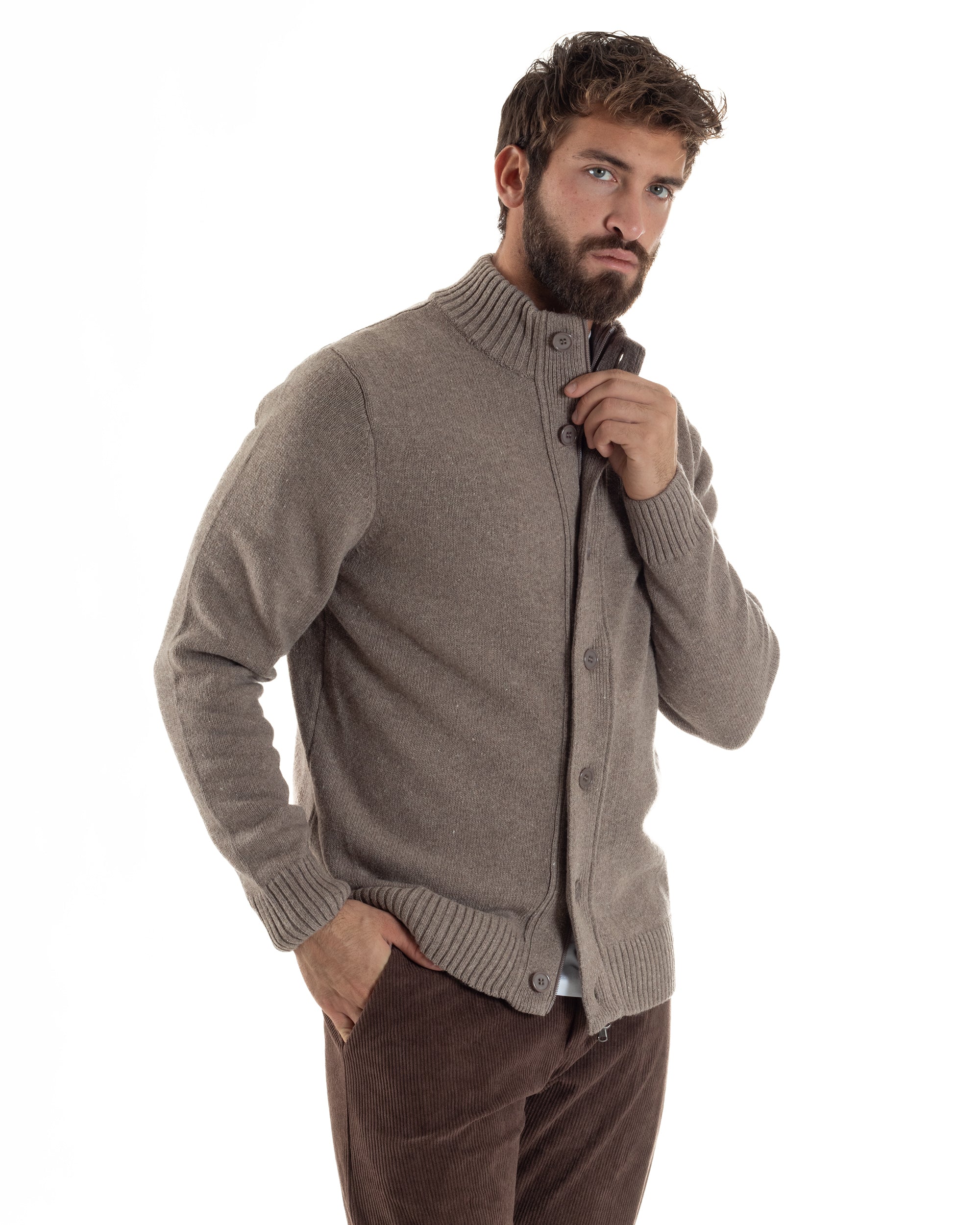 Cardigan Uomo Lana Giacca Comoda Calda Maglioncino Con Collo Bottoni Beige M3074A