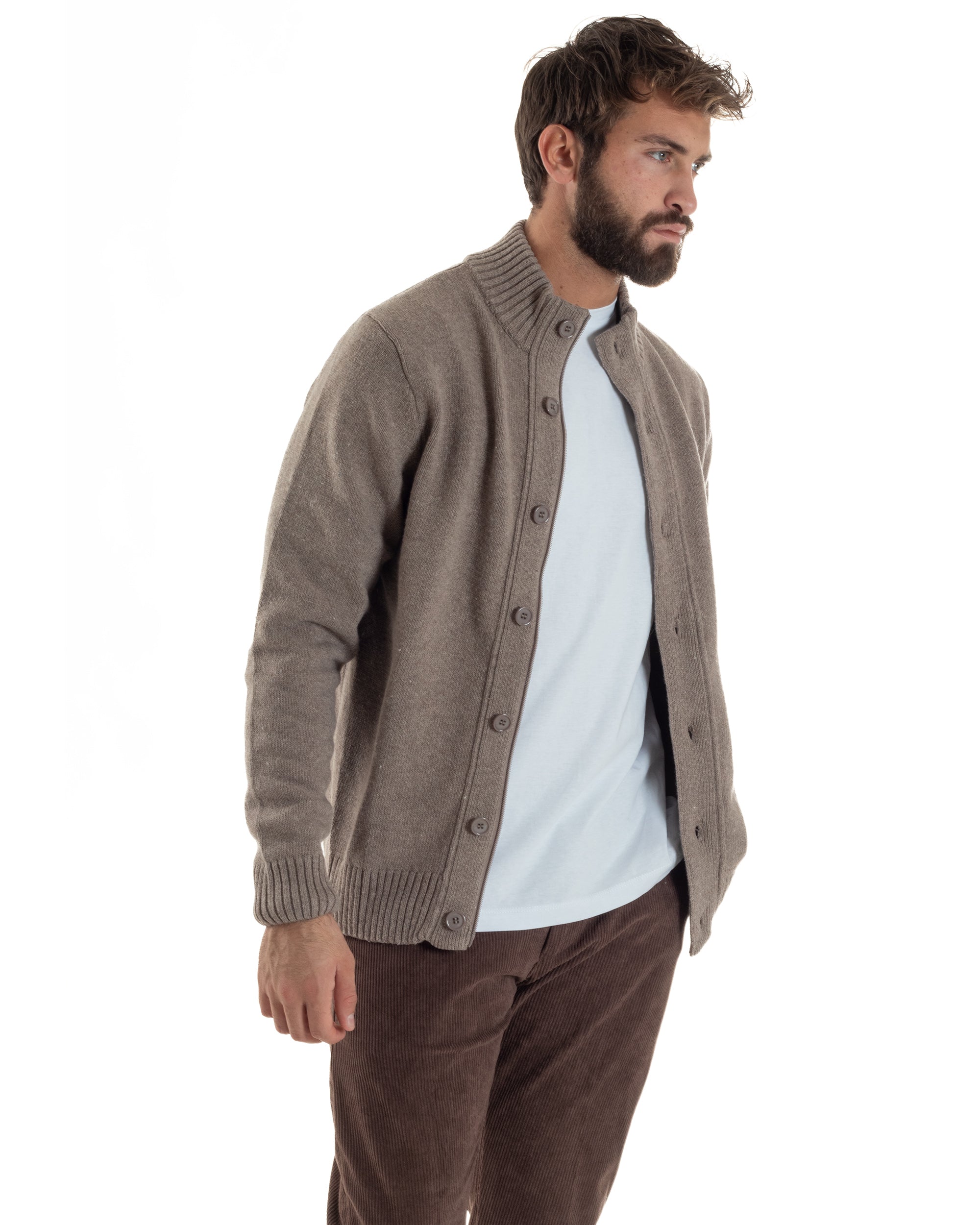 Cardigan Uomo Lana Giacca Comoda Calda Maglioncino Con Collo Bottoni Beige M3074A