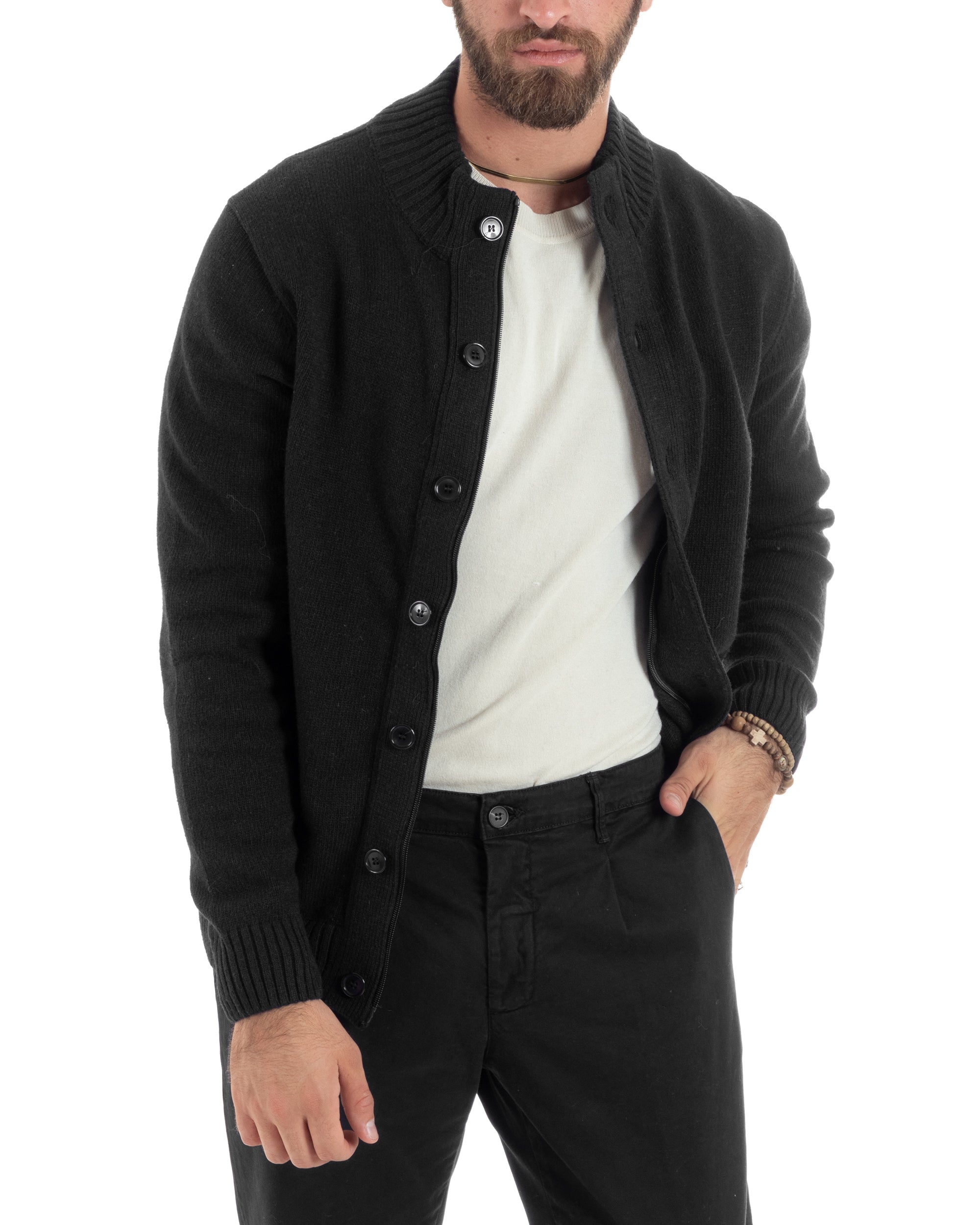 Cardigan Uomo Lana Giacca Comoda Calda Maglioncino Con Collo Bottoni Nero M3075A