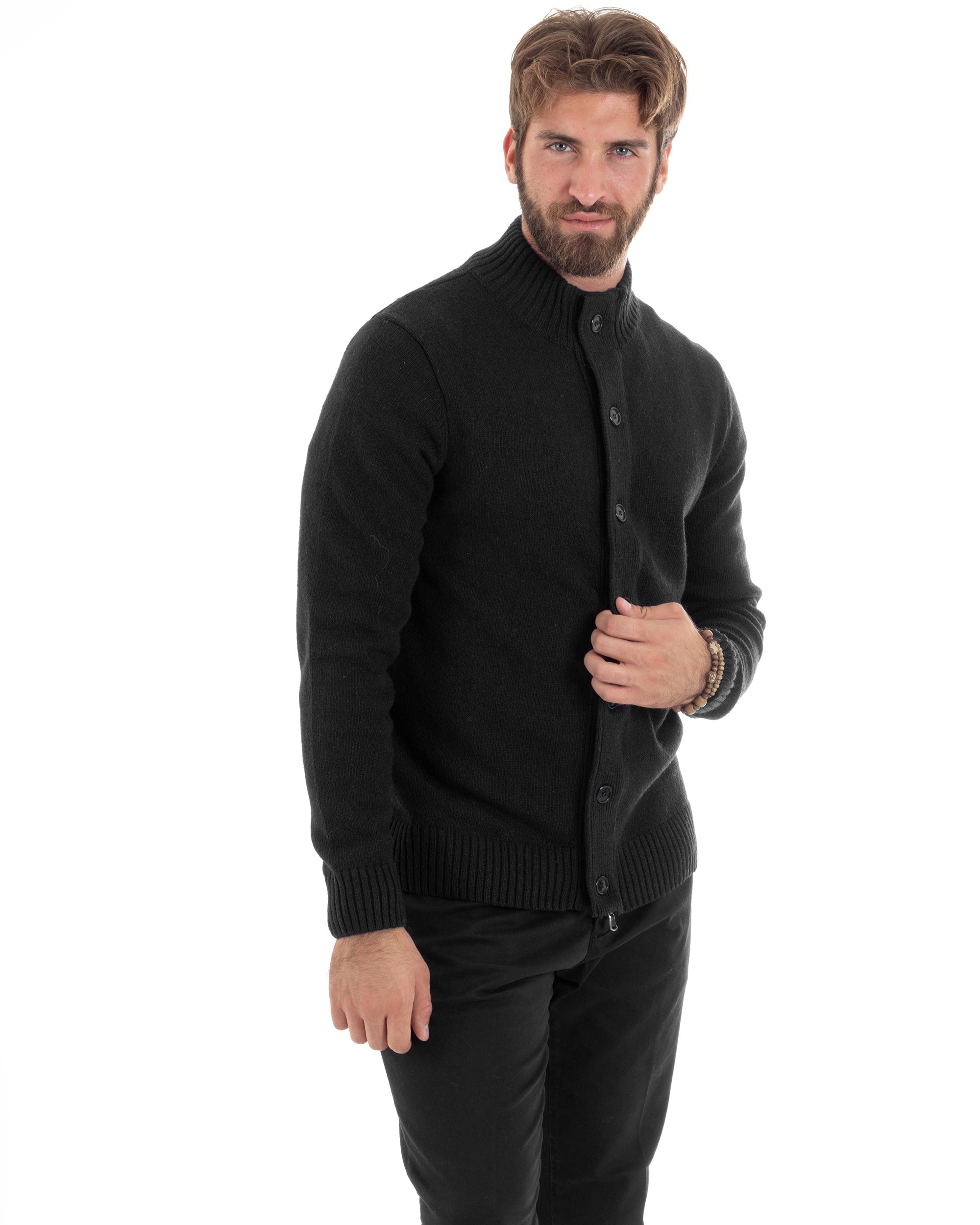 Cardigan Uomo Lana Giacca Comoda Calda Maglioncino Con Collo Bottoni Nero M3075A