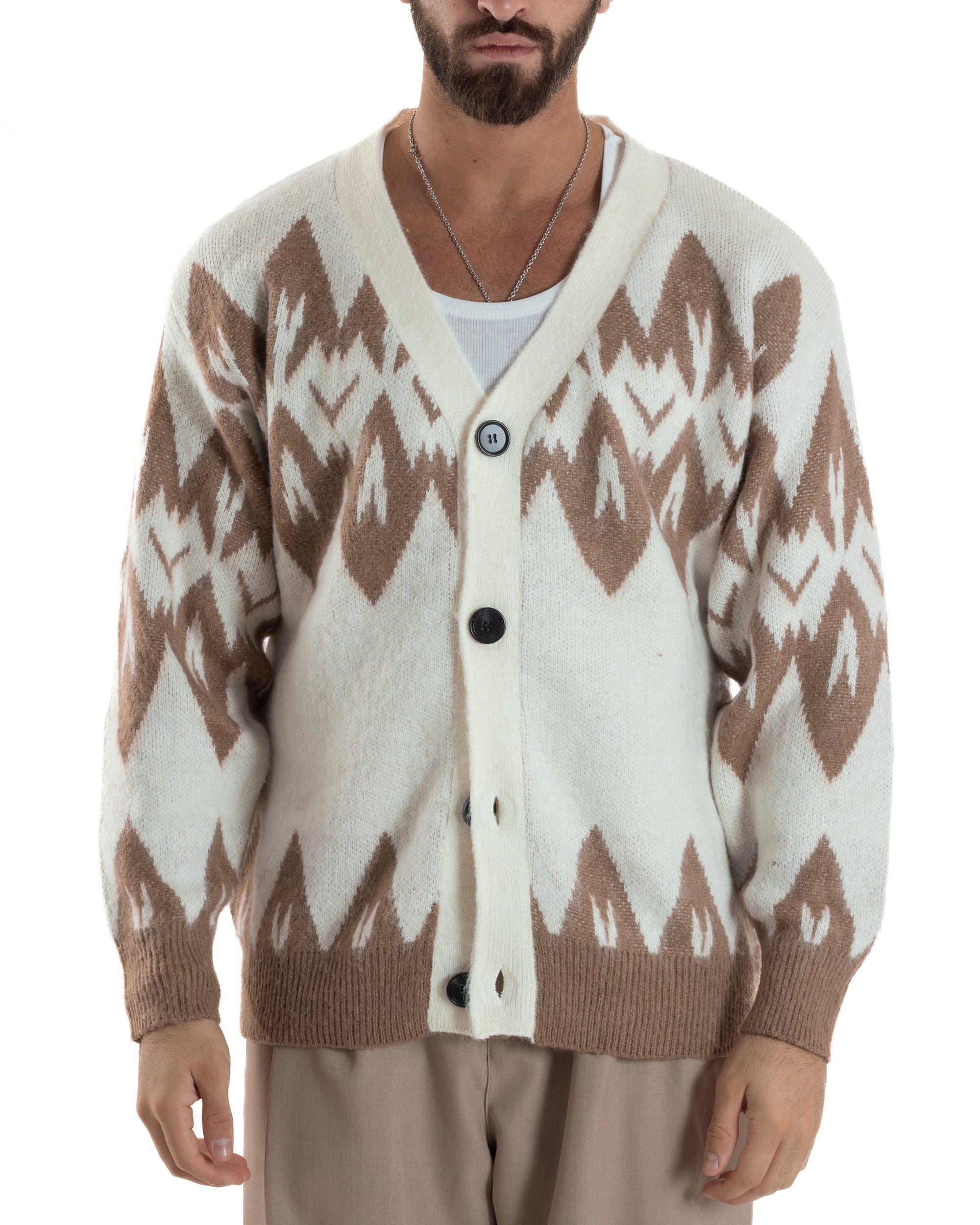 Cardigan Uomo Maglia Morbida Spalle Scese Fantasia Jacquard Bicolore Panna M3076A