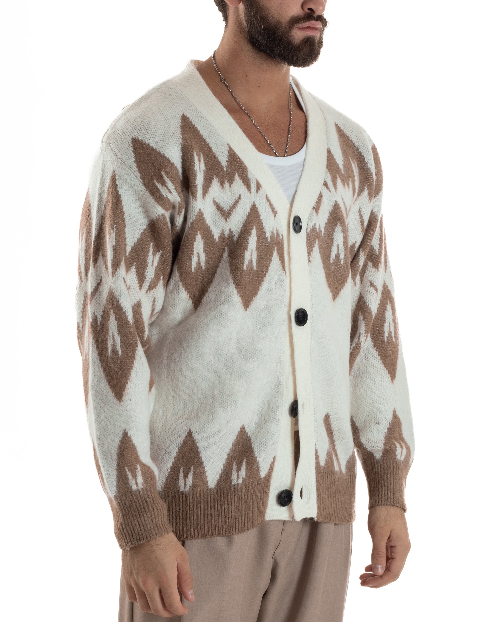 Cardigan Uomo Maglia Morbida Spalle Scese Fantasia Jacquard Bicolore Panna M3076A