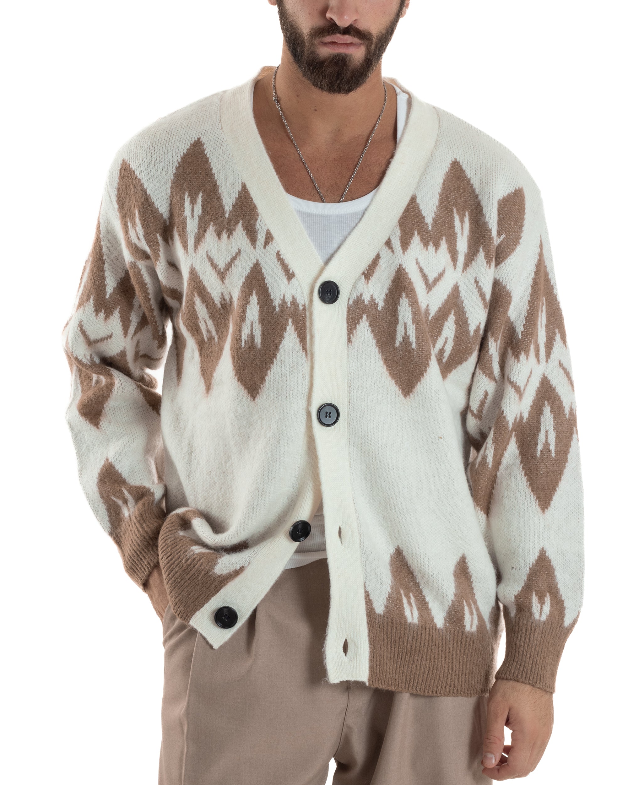 Cardigan Uomo Maglia Morbida Spalle Scese Fantasia Jacquard Bicolore Panna M3076A