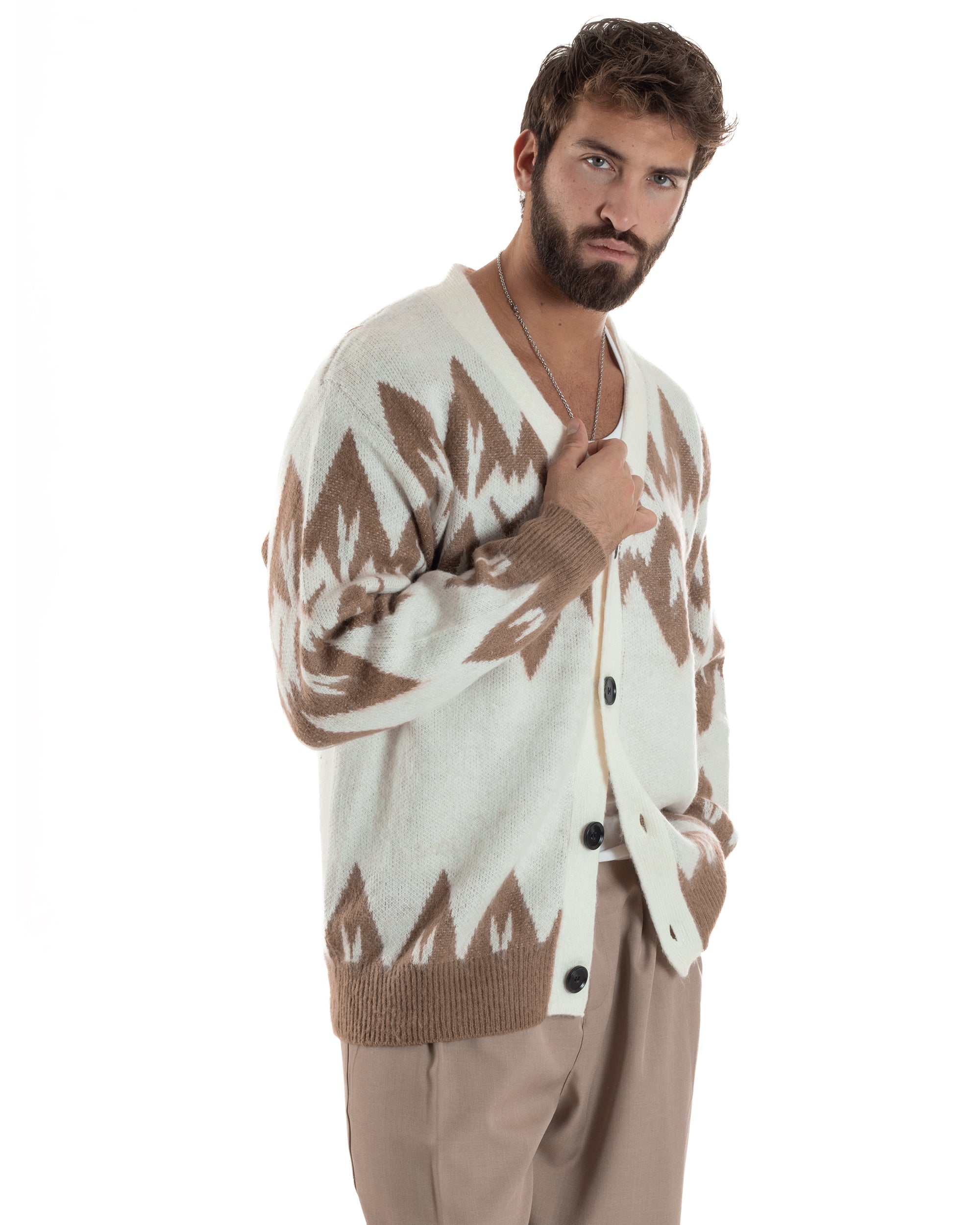 Cardigan Uomo Maglia Morbida Spalle Scese Fantasia Jacquard Bicolore Panna M3076A