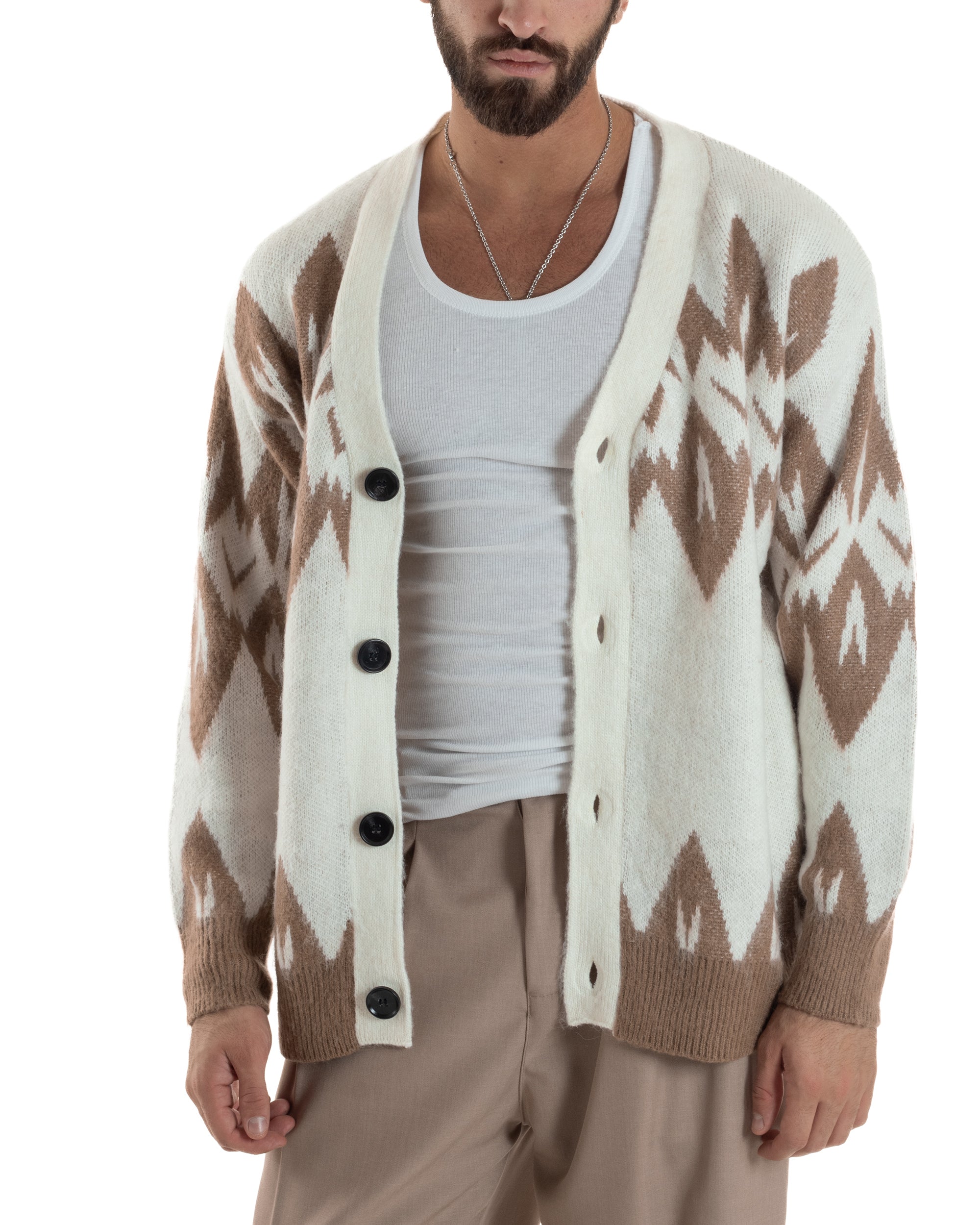 Cardigan Uomo Maglia Morbida Spalle Scese Fantasia Jacquard Bicolore Panna M3076A