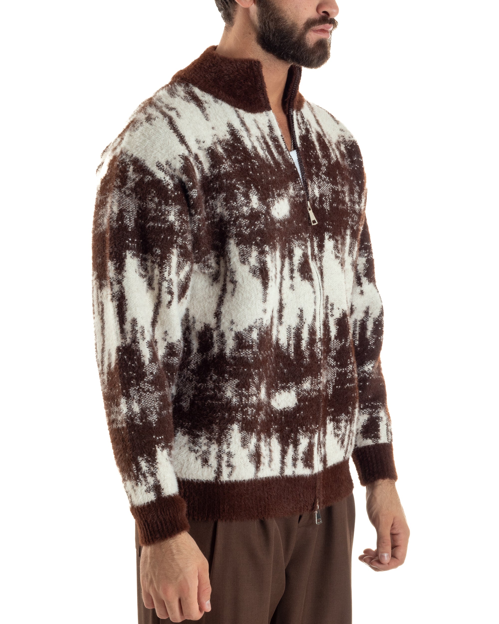 Maglione Uomo Pullover Zip Intera Maglia Lana Mohair Fantasia Bicolore Marrone M3078A
