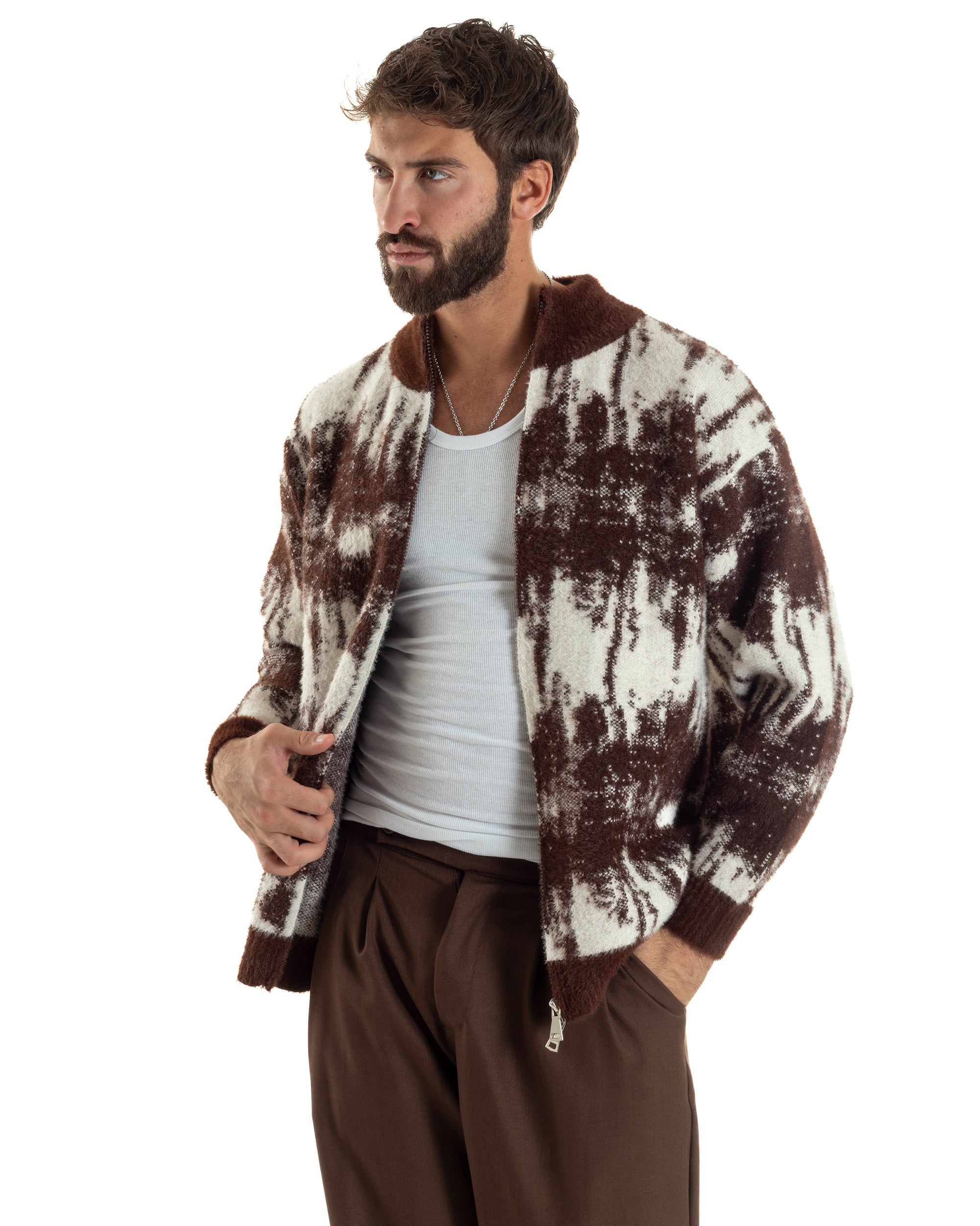Maglione Uomo Pullover Zip Intera Maglia Lana Mohair Fantasia Bicolore Marrone M3078A