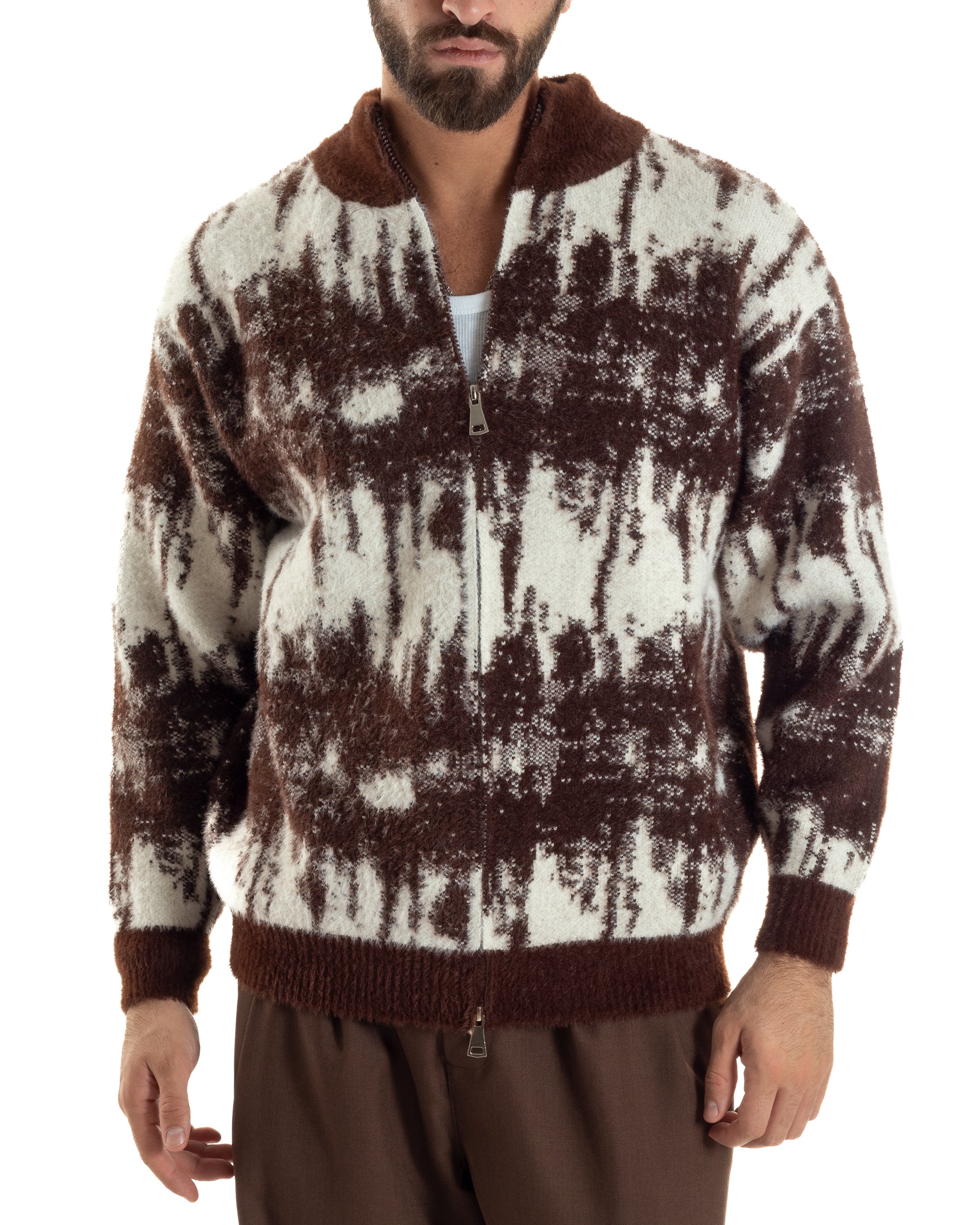 Maglione Uomo Pullover Zip Intera Maglia Lana Mohair Fantasia Bicolore Marrone M3078A