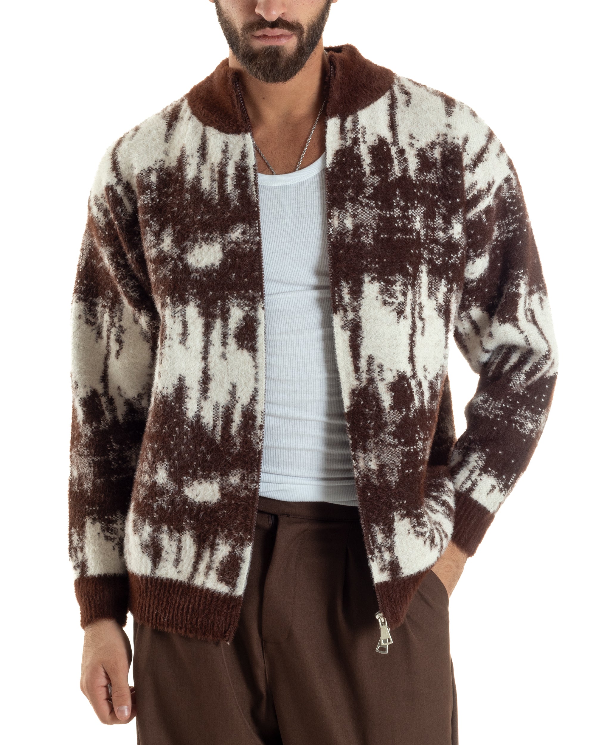 Maglione Uomo Pullover Zip Intera Maglia Lana Mohair Fantasia Bicolore Marrone M3078A