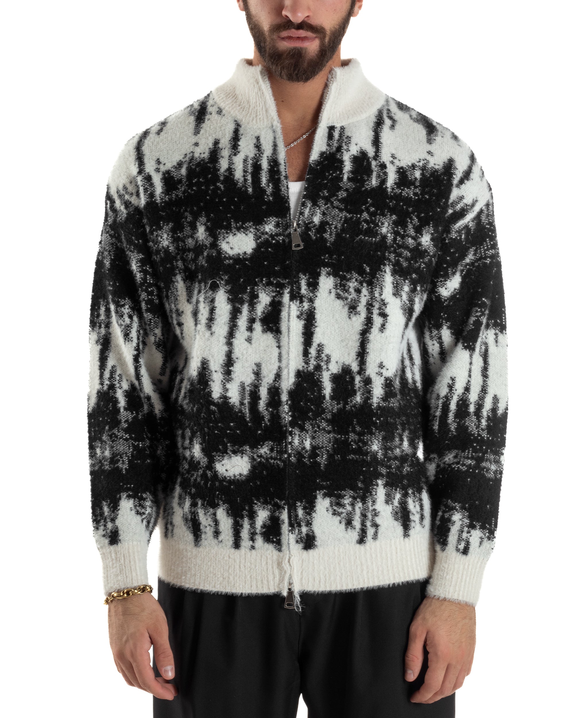 Maglione Uomo Pullover Zip Intera Maglia Lana Mohair Fantasia Bicolore Nero M3079A