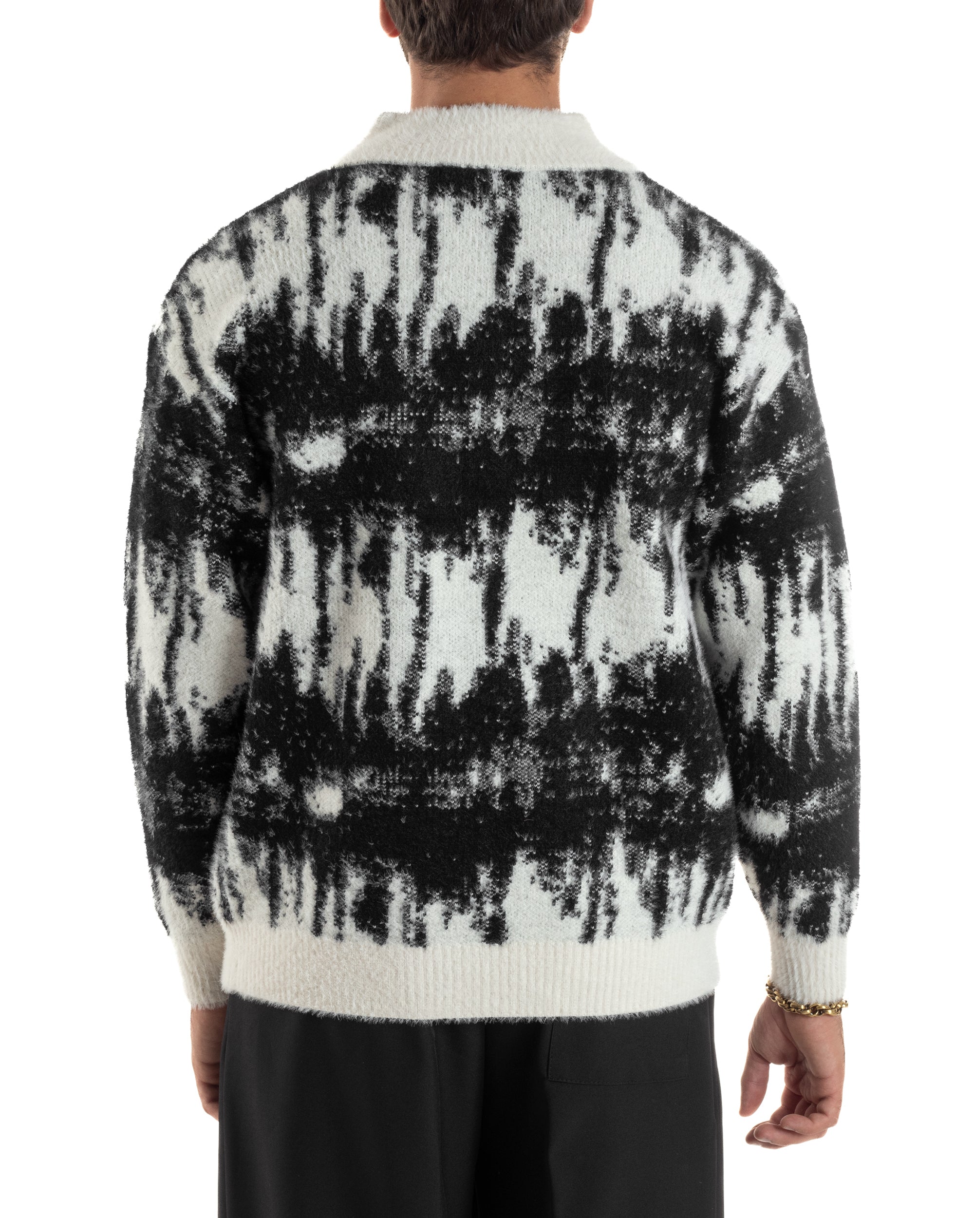 Maglione Uomo Pullover Zip Intera Maglia Lana Mohair Fantasia Bicolore Nero M3079A