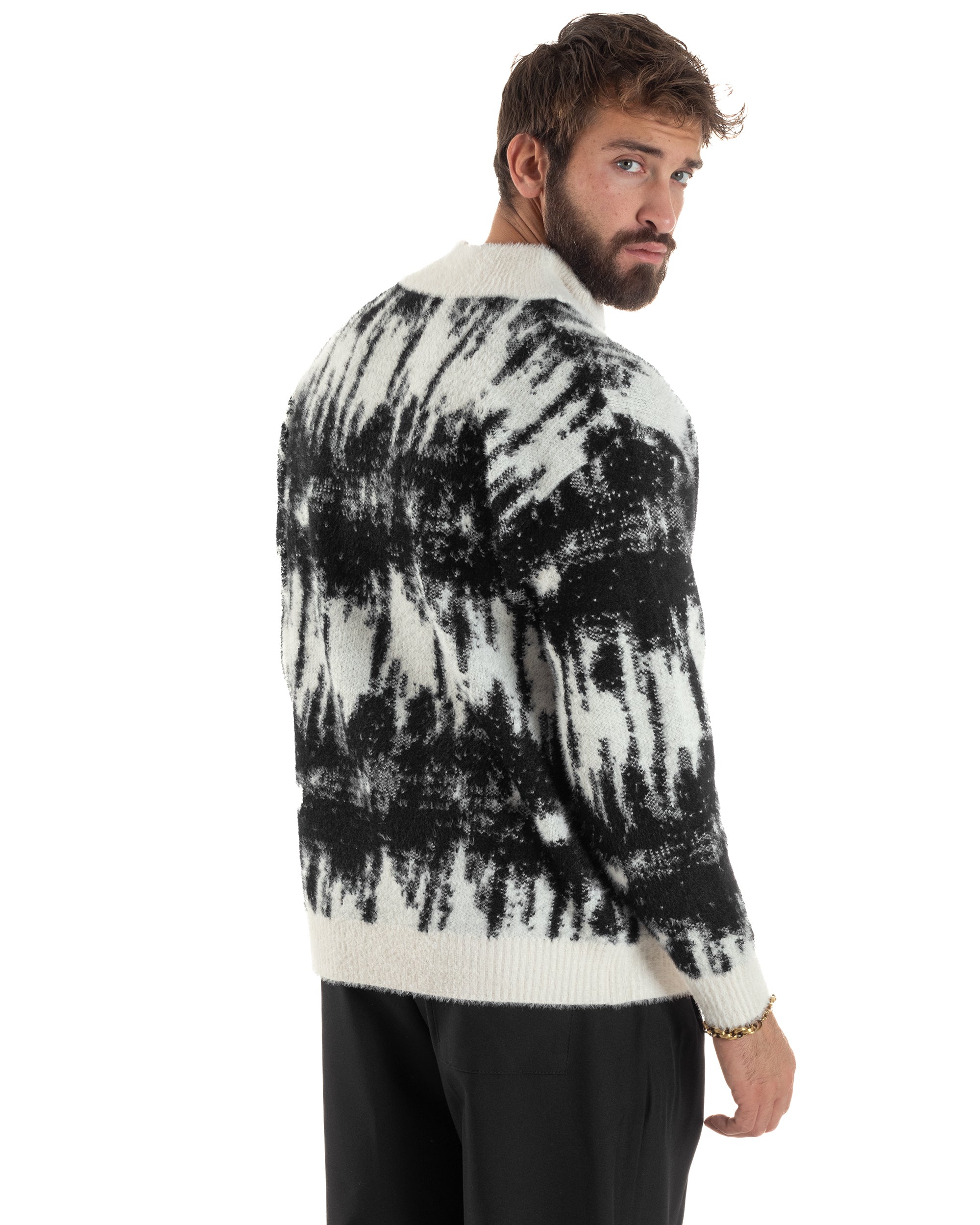 Maglione Uomo Pullover Zip Intera Maglia Lana Mohair Fantasia Bicolore Nero M3079A