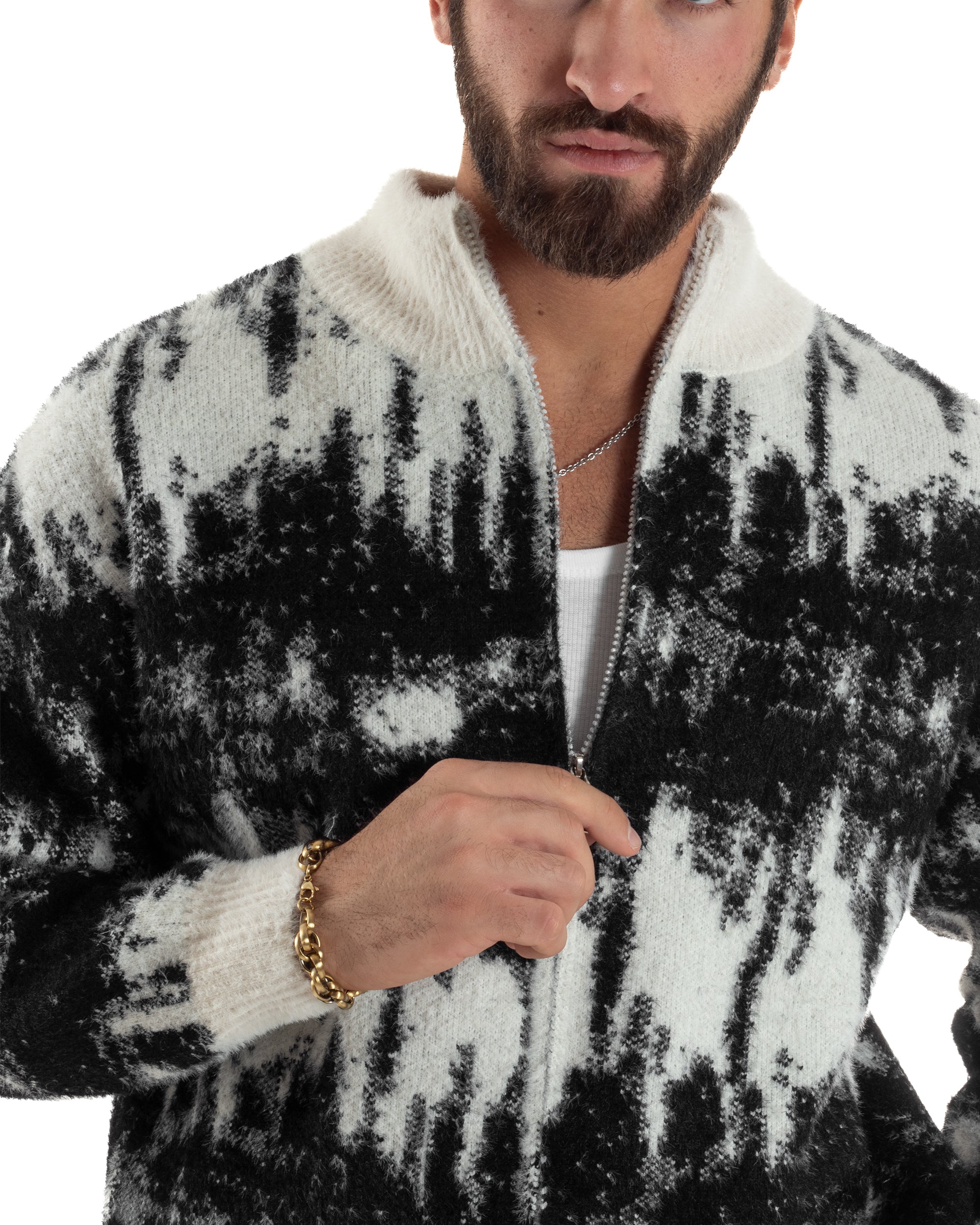 Maglione Uomo Pullover Zip Intera Maglia Lana Mohair Fantasia Bicolore Nero M3079A